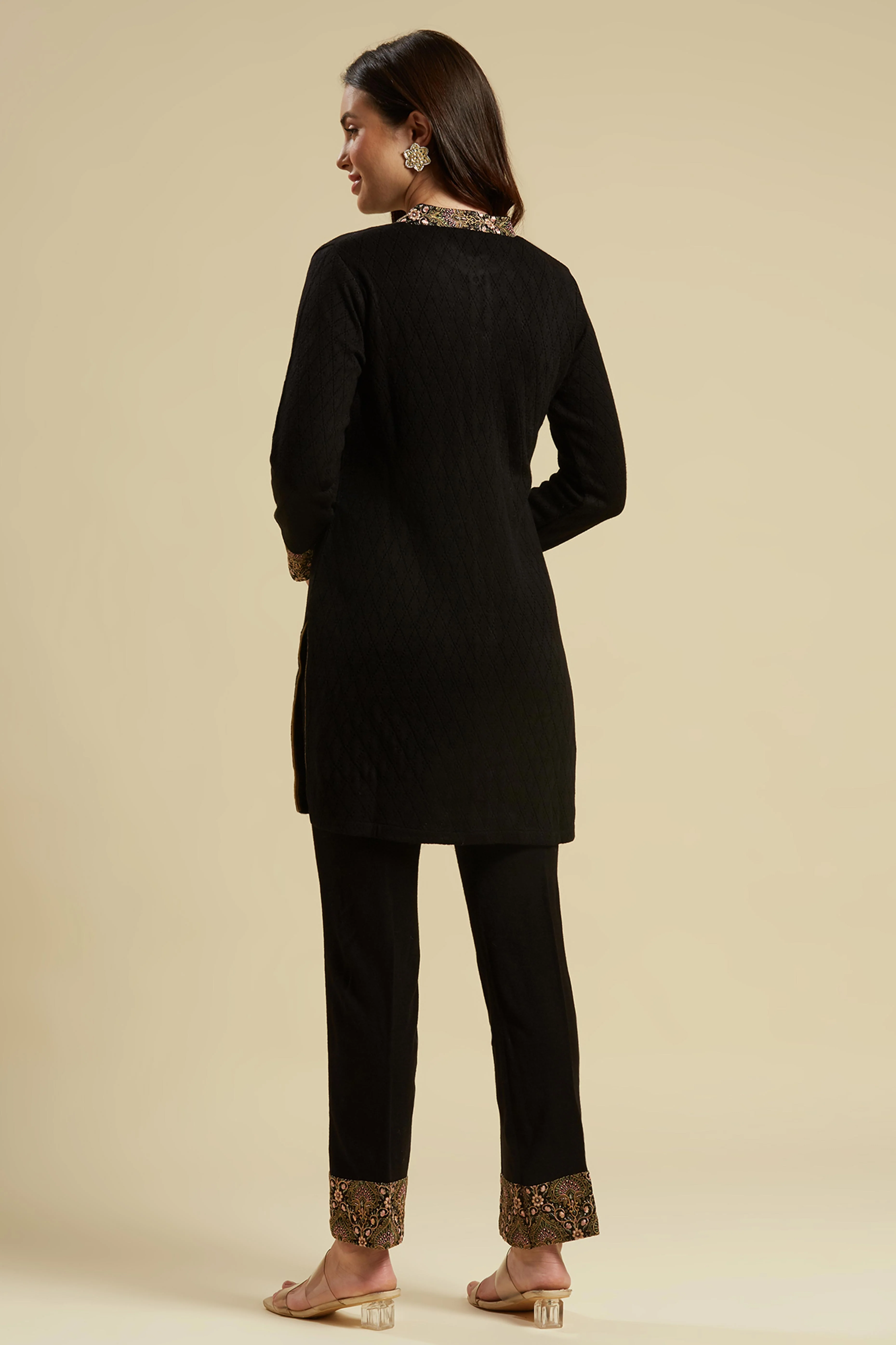 Black Woven Woolen Front Slit Top Bottom Set - Image 3