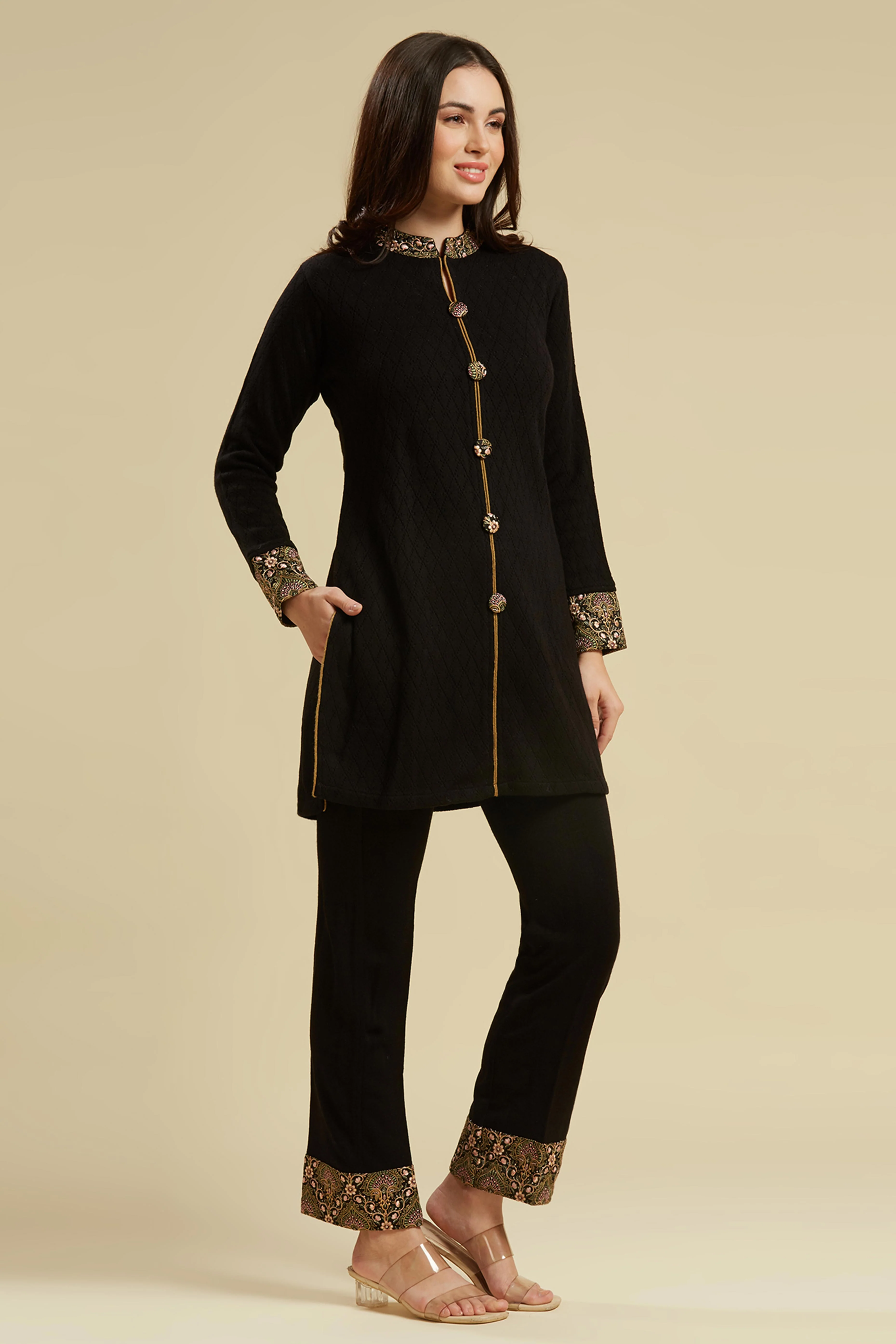 Black Woven Woolen Front Slit Top Bottom Set - Image 4