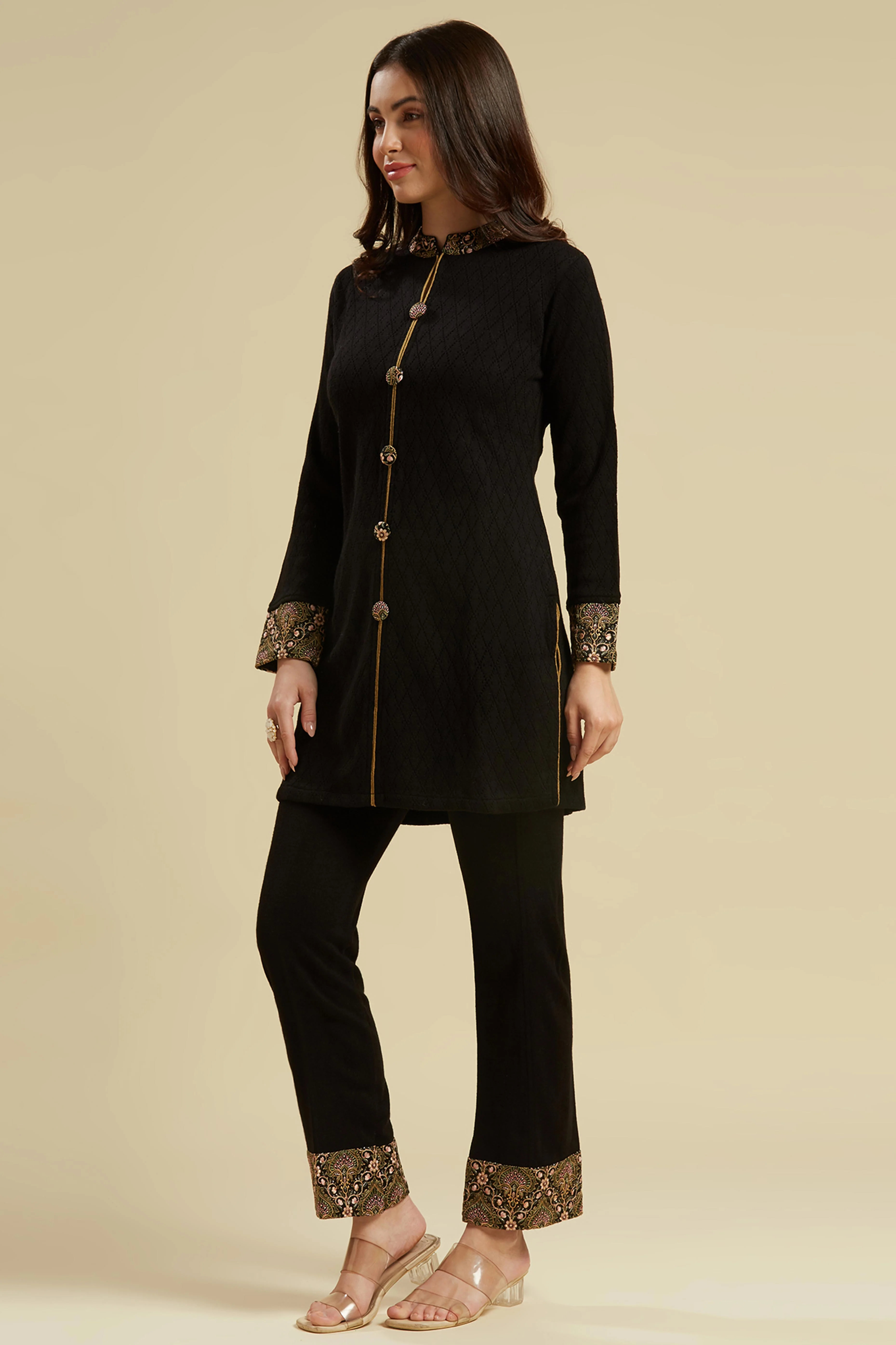 Black Woven Woolen Front Slit Top Bottom Set - Image 5