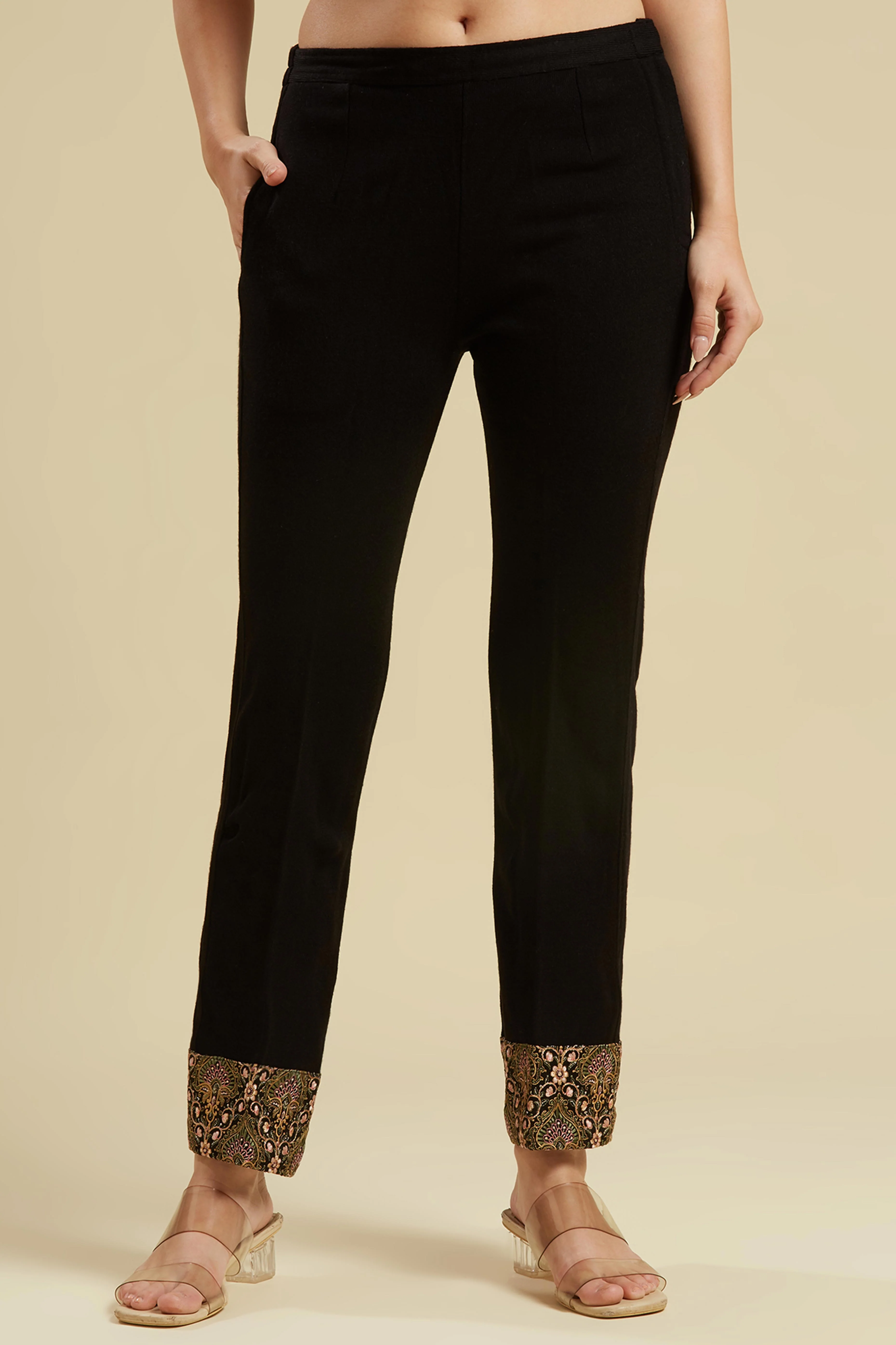 Black Woven Woolen Front Slit Top Bottom Set - Image 7