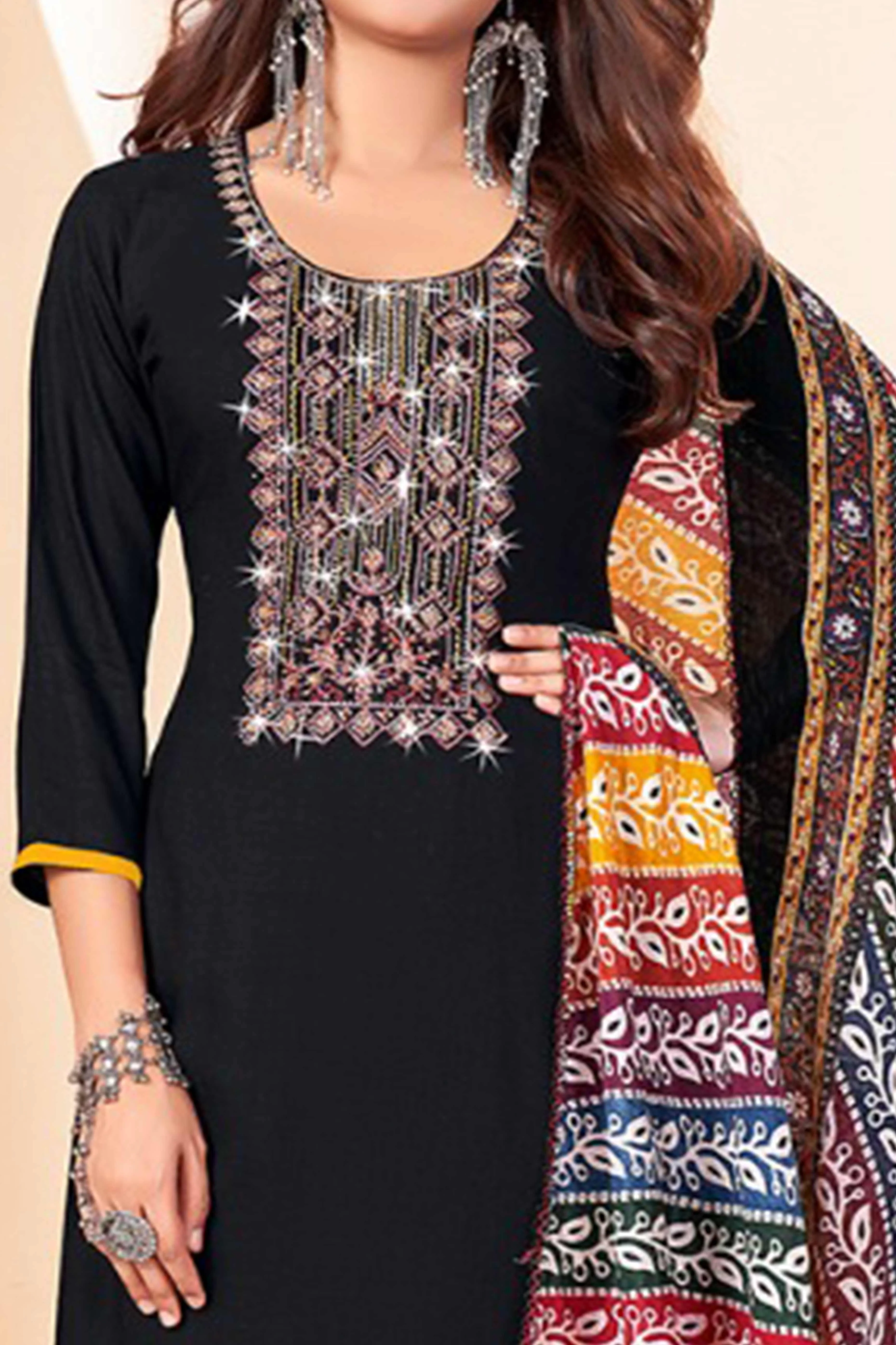 Black Embroidery With Diamond Rayon Dress Material - Image 2