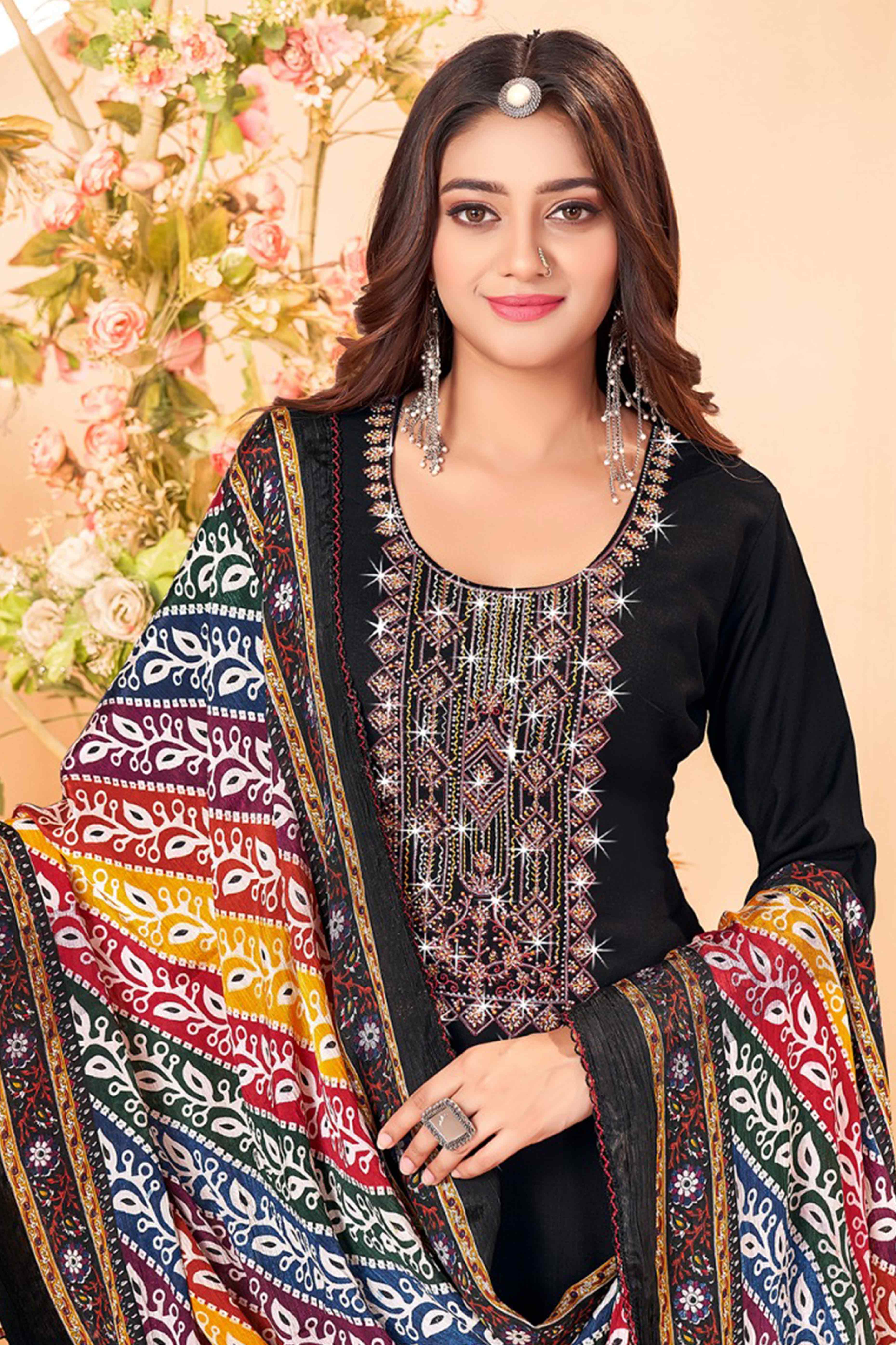 Black Embroidery With Diamond Rayon Dress Material - Image 3
