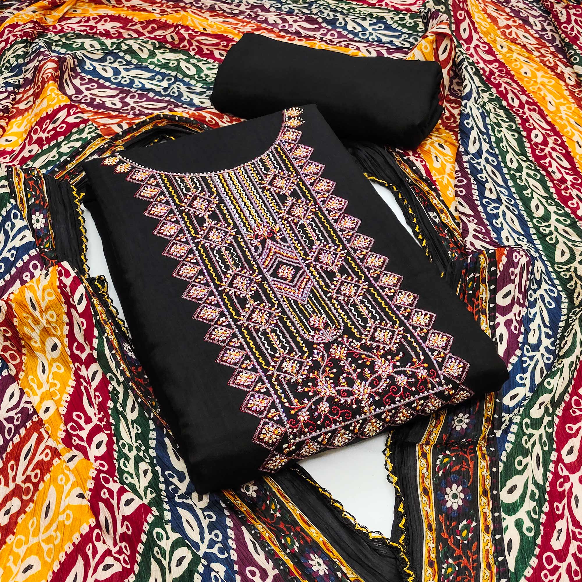Black Embroidery With Diamond Rayon Dress Material - Image 4