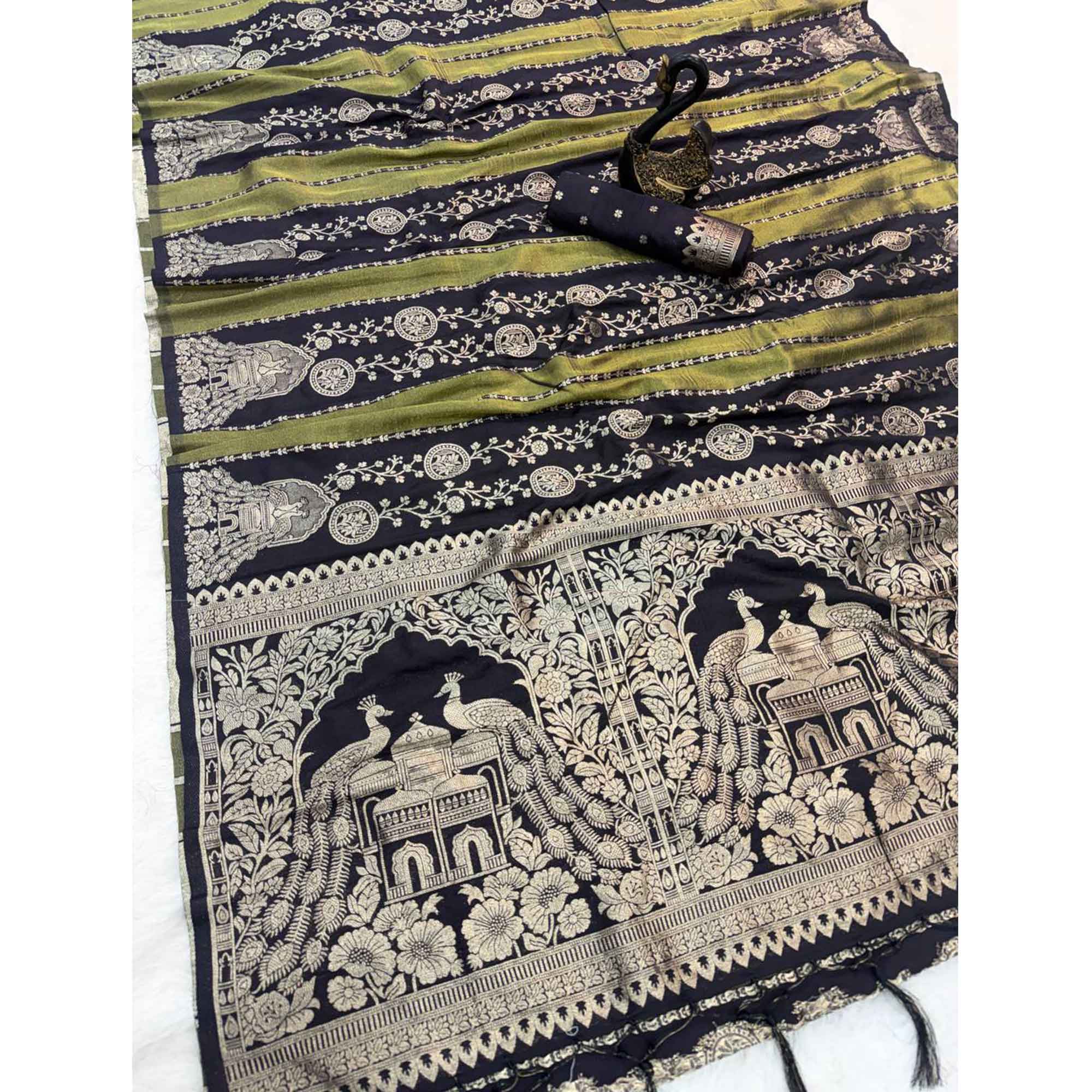 Black Festive Wear Chinya Tissue Silk Saree Enhanced with Intricate Zari Weaving Detailing - Image 4