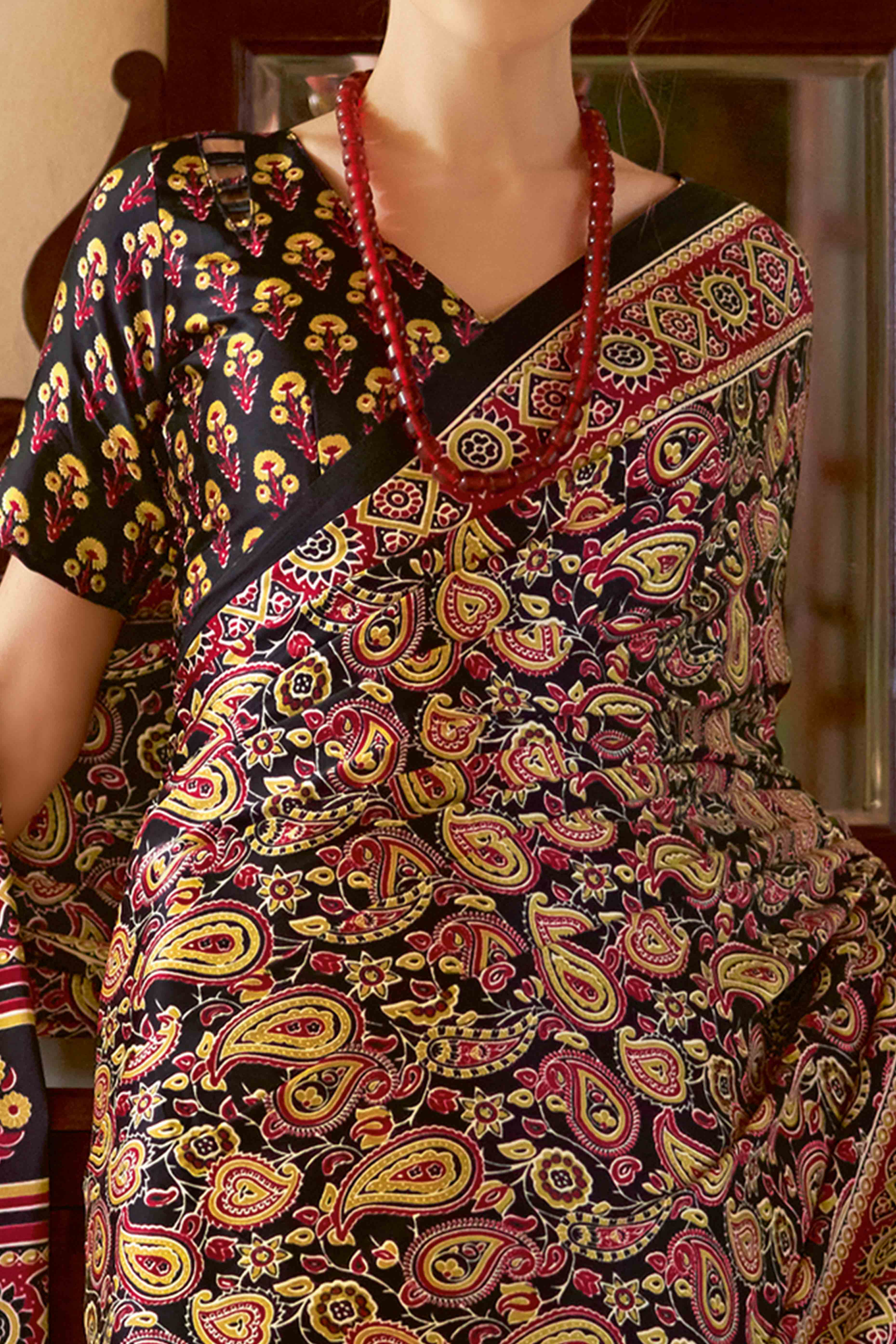 Black Floral Ajrakh Printed Satin Saree With Tassels - Image 2