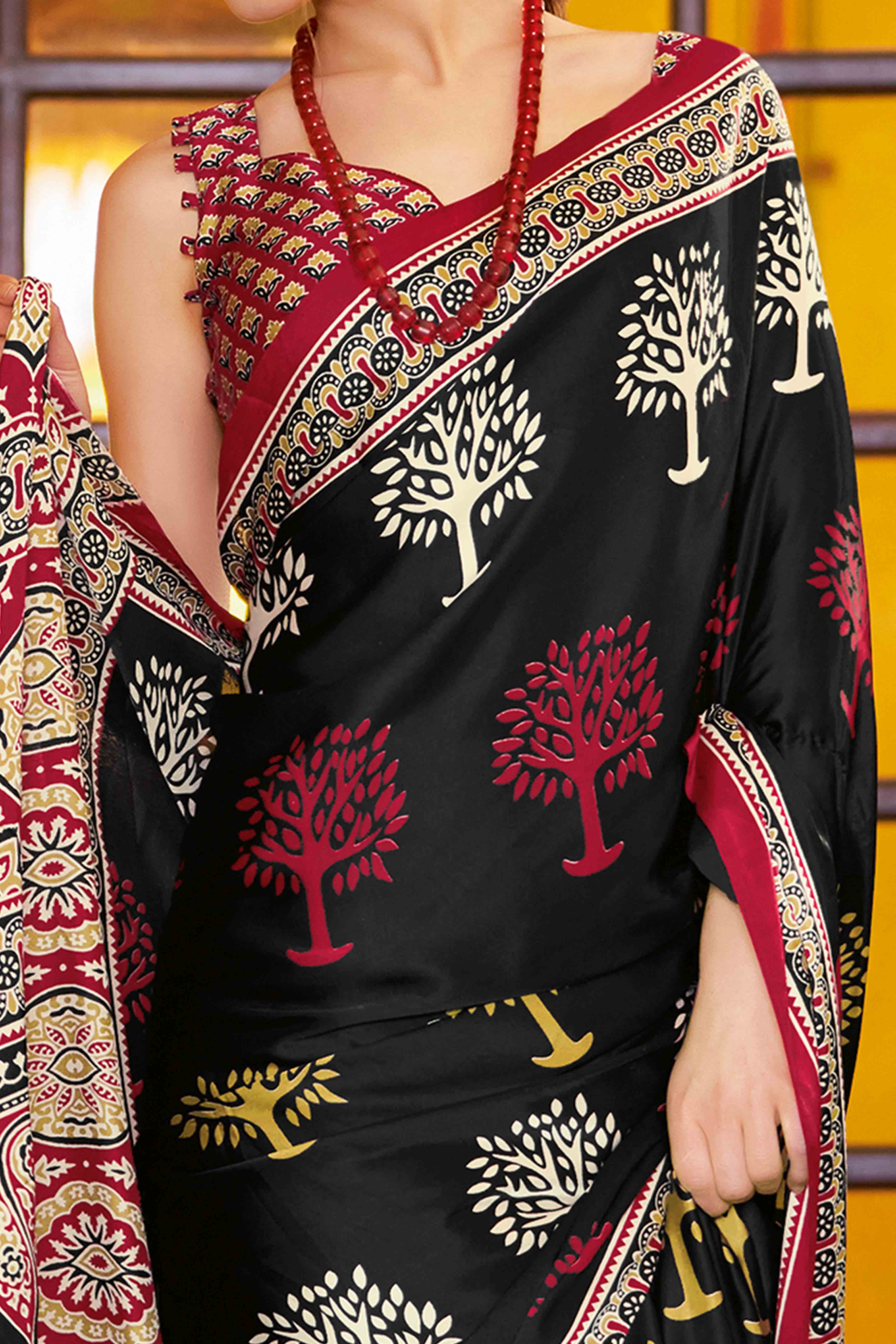 Black Floral Ajrakh Printed Satin Saree With Tassels - Image 2