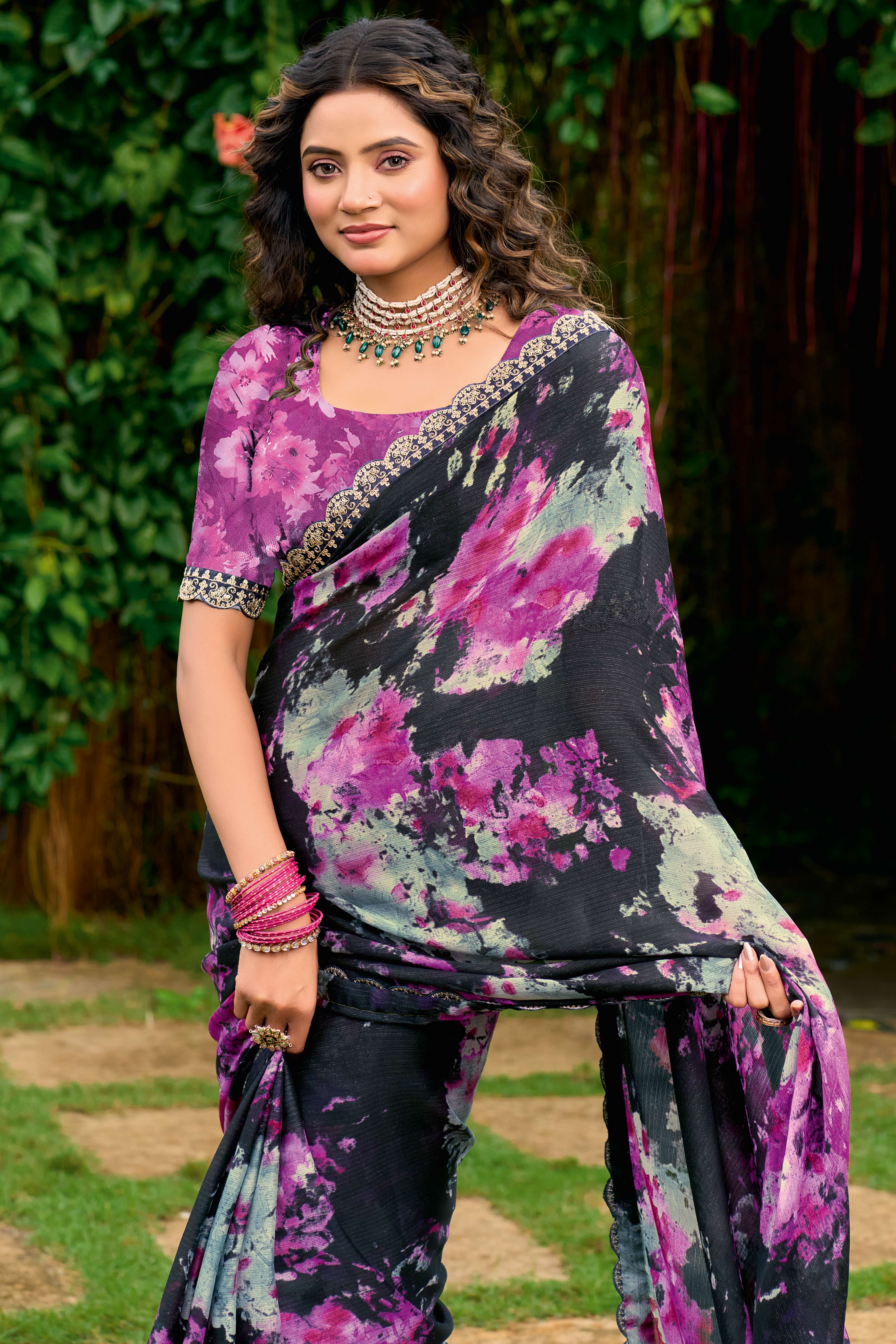 Black Floral Chiffon Saree Enhanced with Fine Embroidery on the Border - Image 3