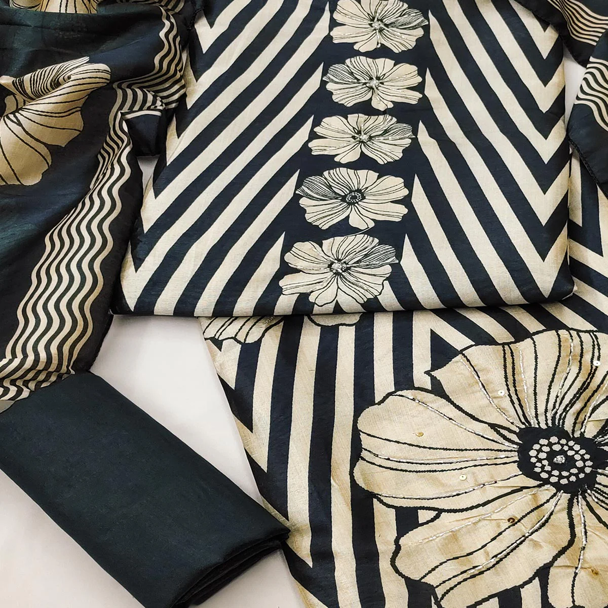 Black Floral Digital Printed Assam Art Silk Dress Material Adorned With Beads & Sequins Work - Image 2