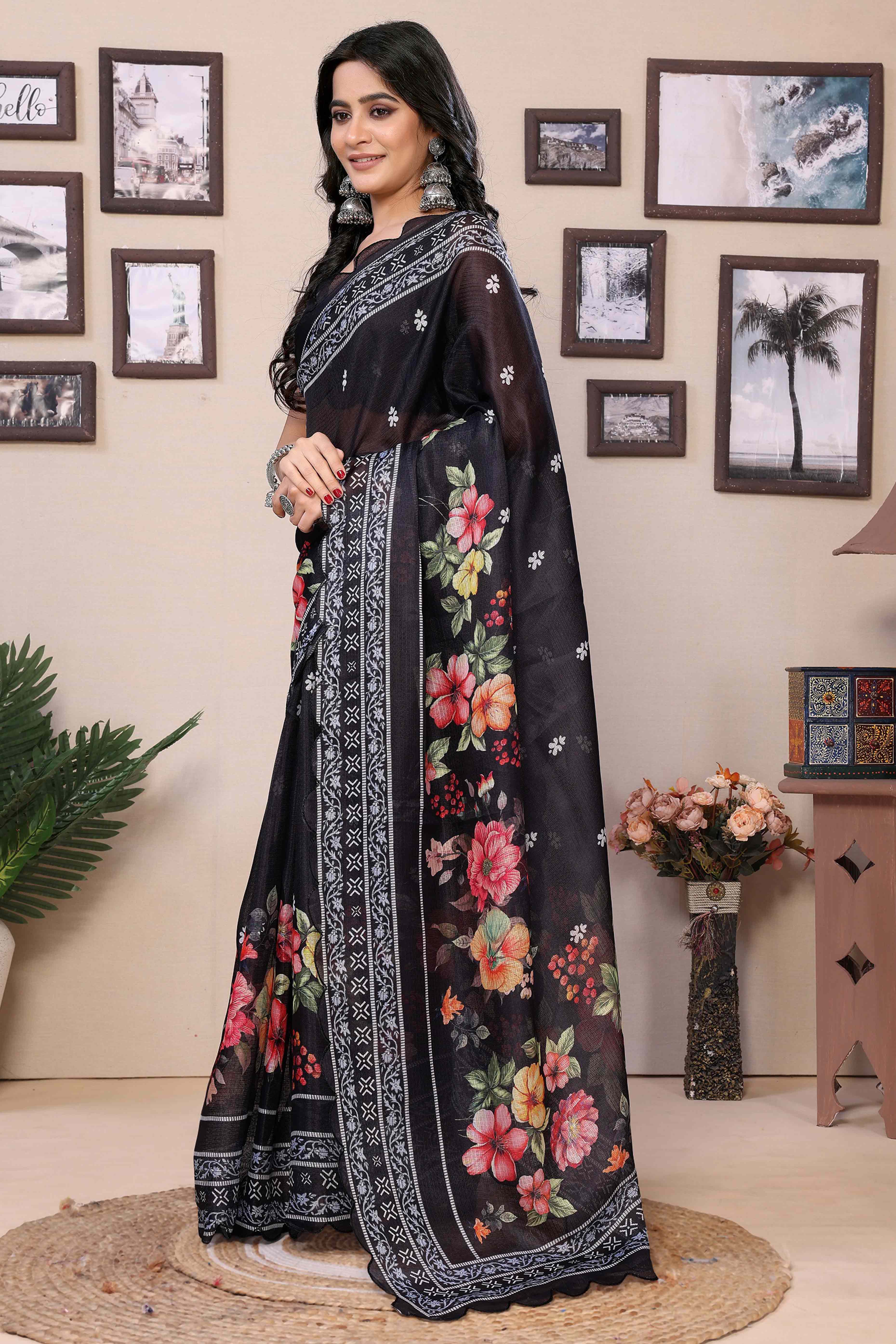 Black Floral Digital Printed Kota Doria Ready To Wear Saree - Image 4
