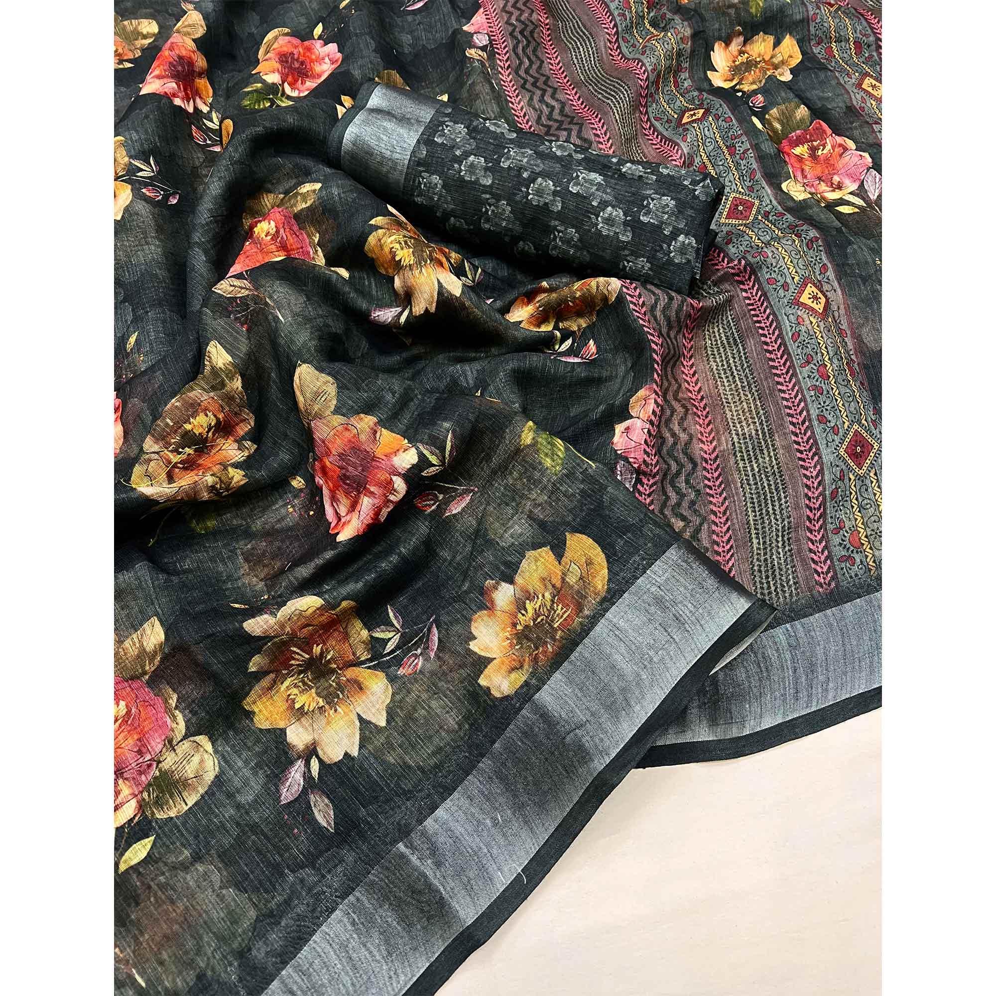 Black Floral Digital Printed Linen Saree With Zari Border - Image 3