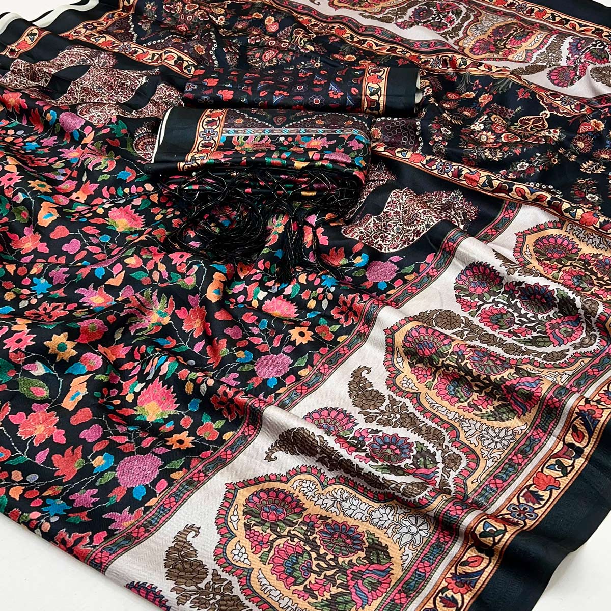 Black Floral Digital Printed Pashmina Saree With Shawl - Image 2