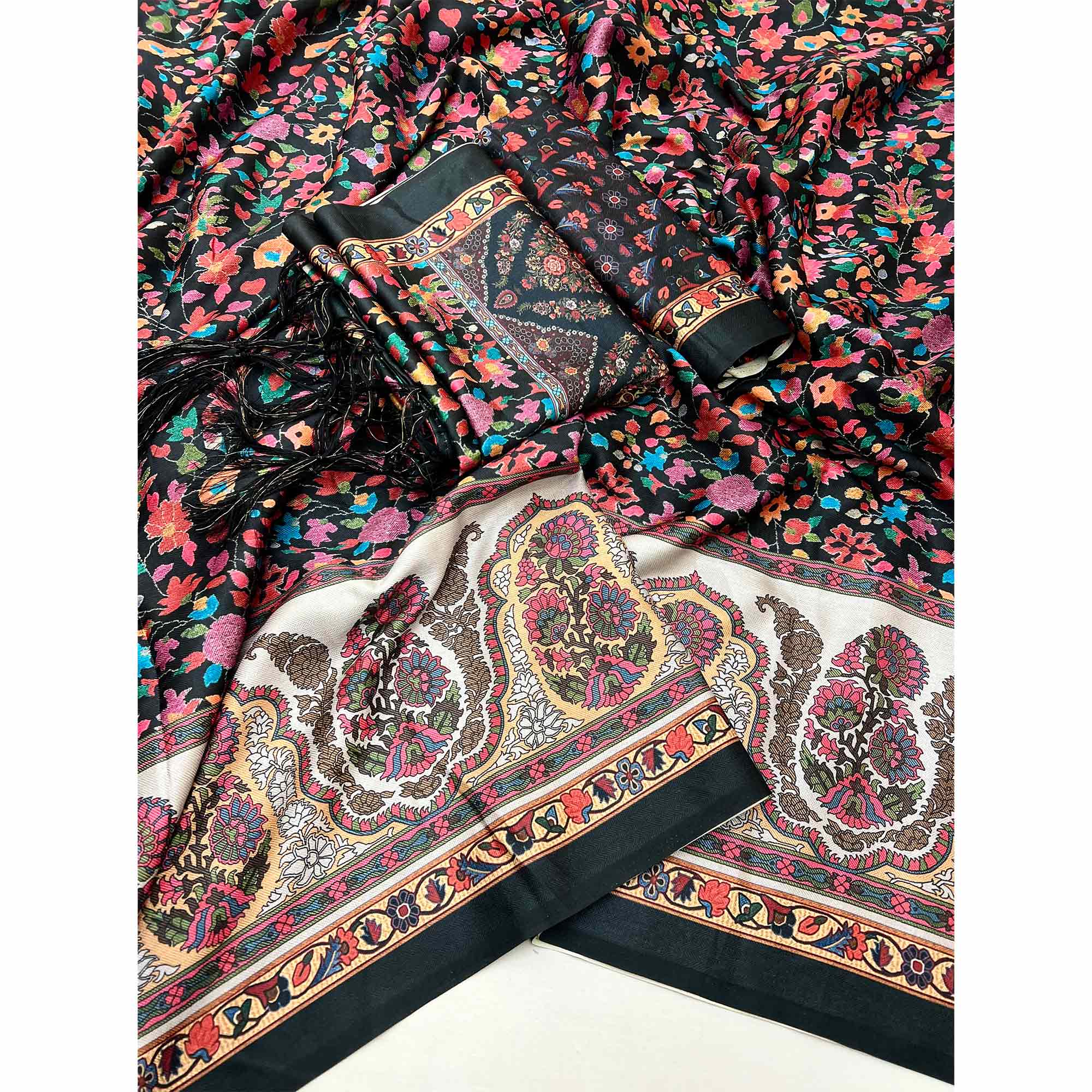 Black Floral Digital Printed Pashmina Saree With Shawl - Image 3