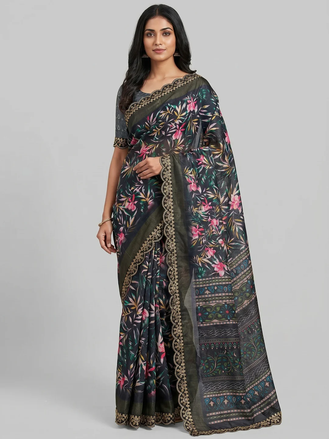 Black Floral Digital Printed Tussar Silk Saree With Sequins Embroidered Border