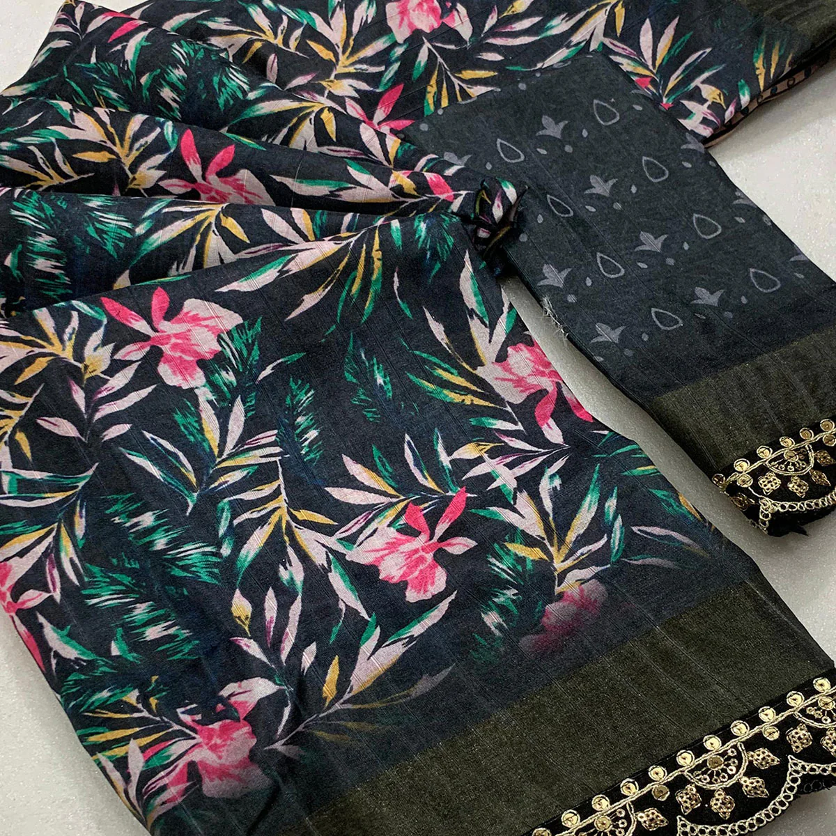 Black Floral Digital Printed Tussar Silk Saree With Sequins Embroidered Border - Image 2