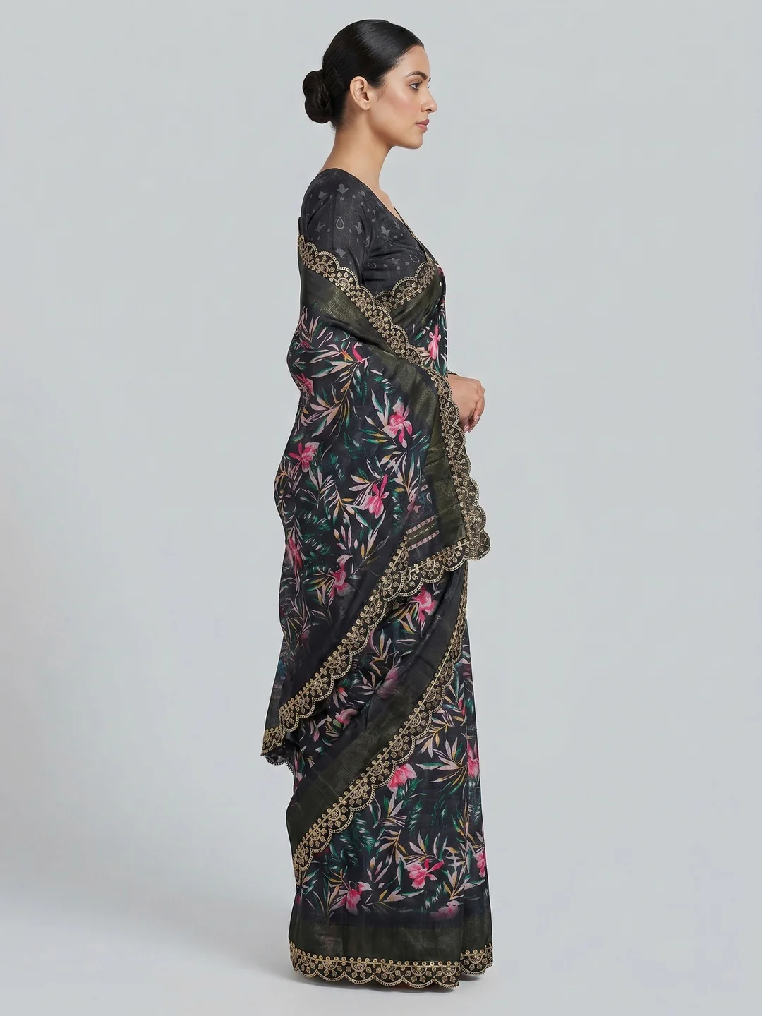 Black Floral Digital Printed Tussar Silk Saree With Sequins Embroidered Border - Image 3