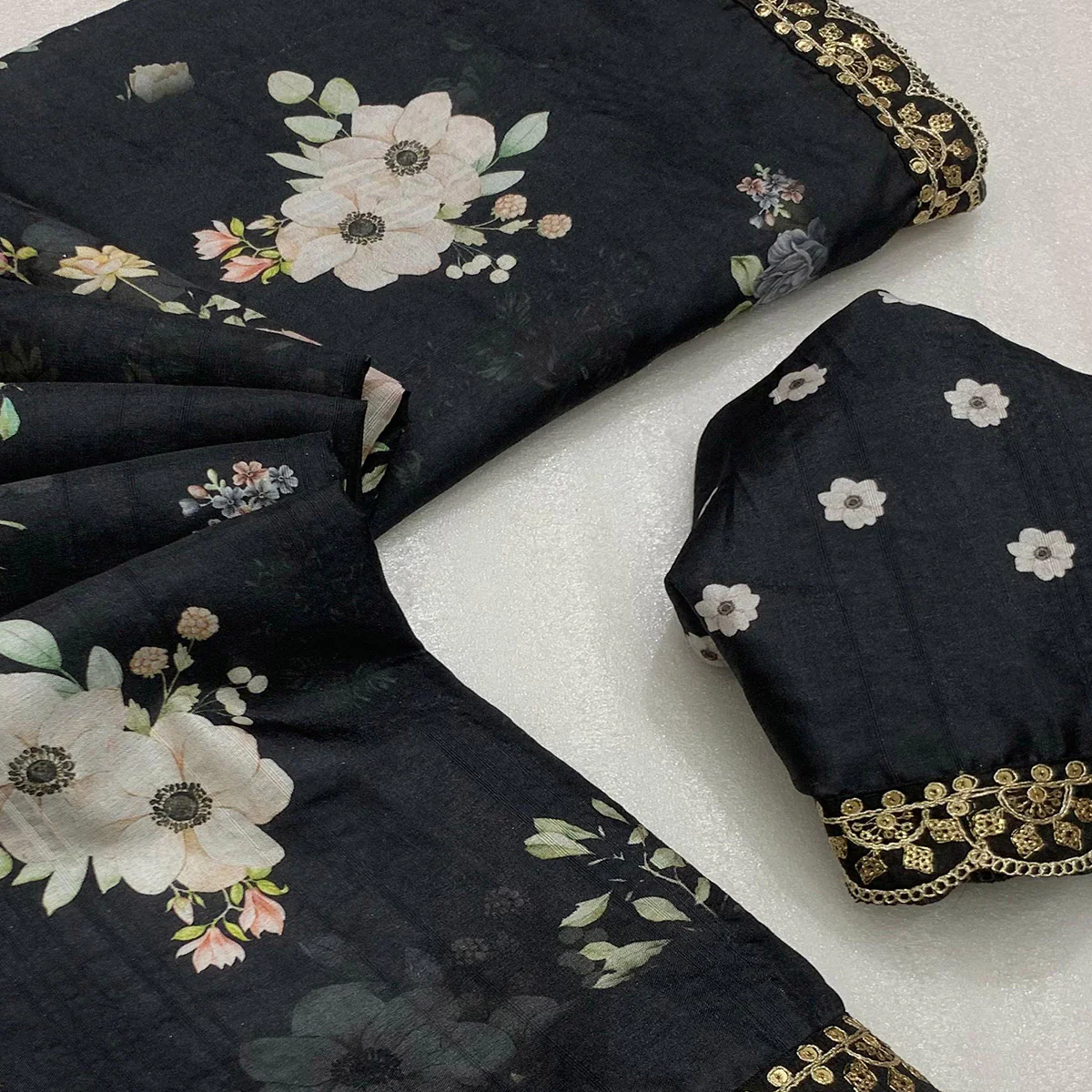 Black Floral Digital Printed Tussar Silk Saree With Sequins Embroidered Border - Image 2