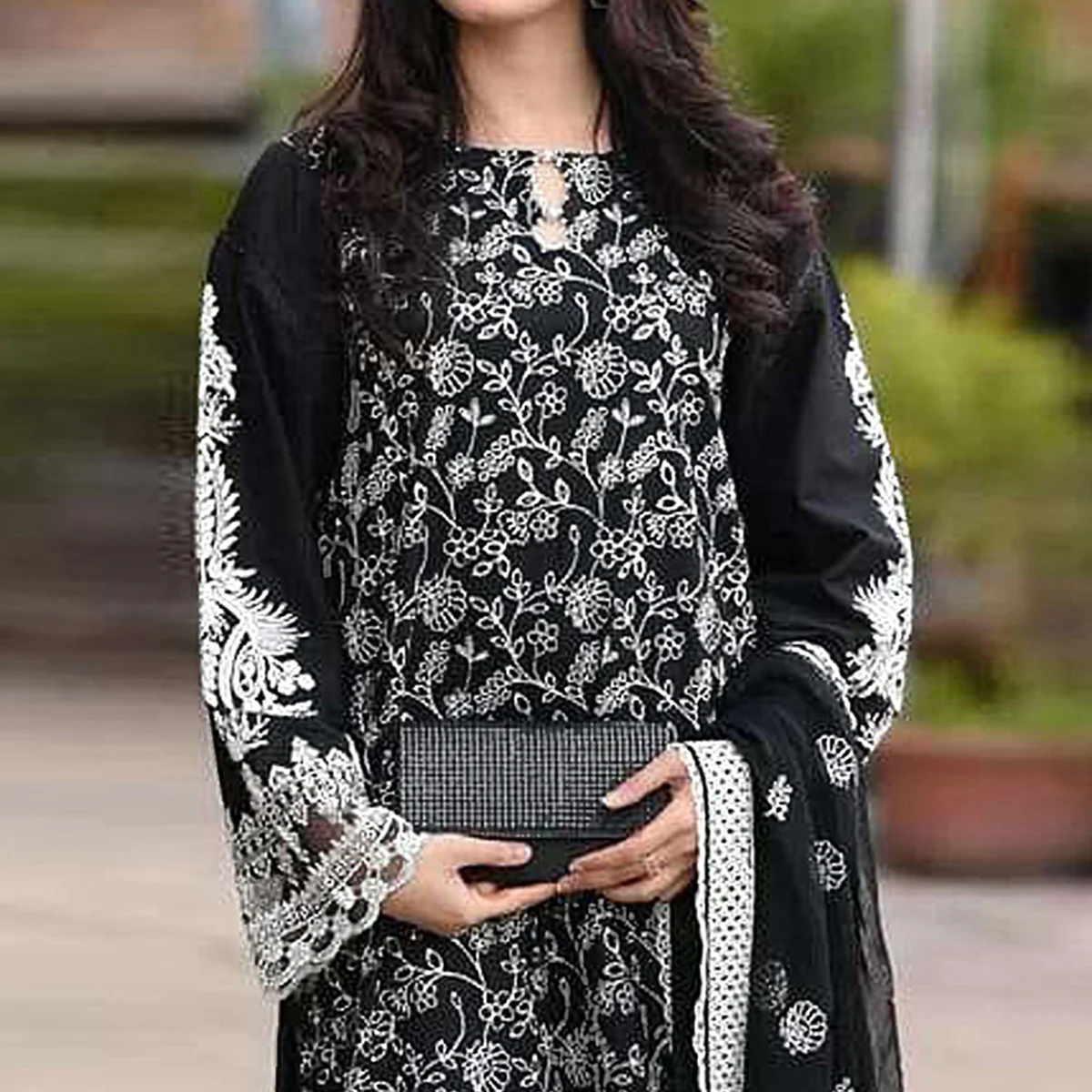 Black Floral Embroiderde Georgette Semi Stitched Pakistani Suit - Image 3