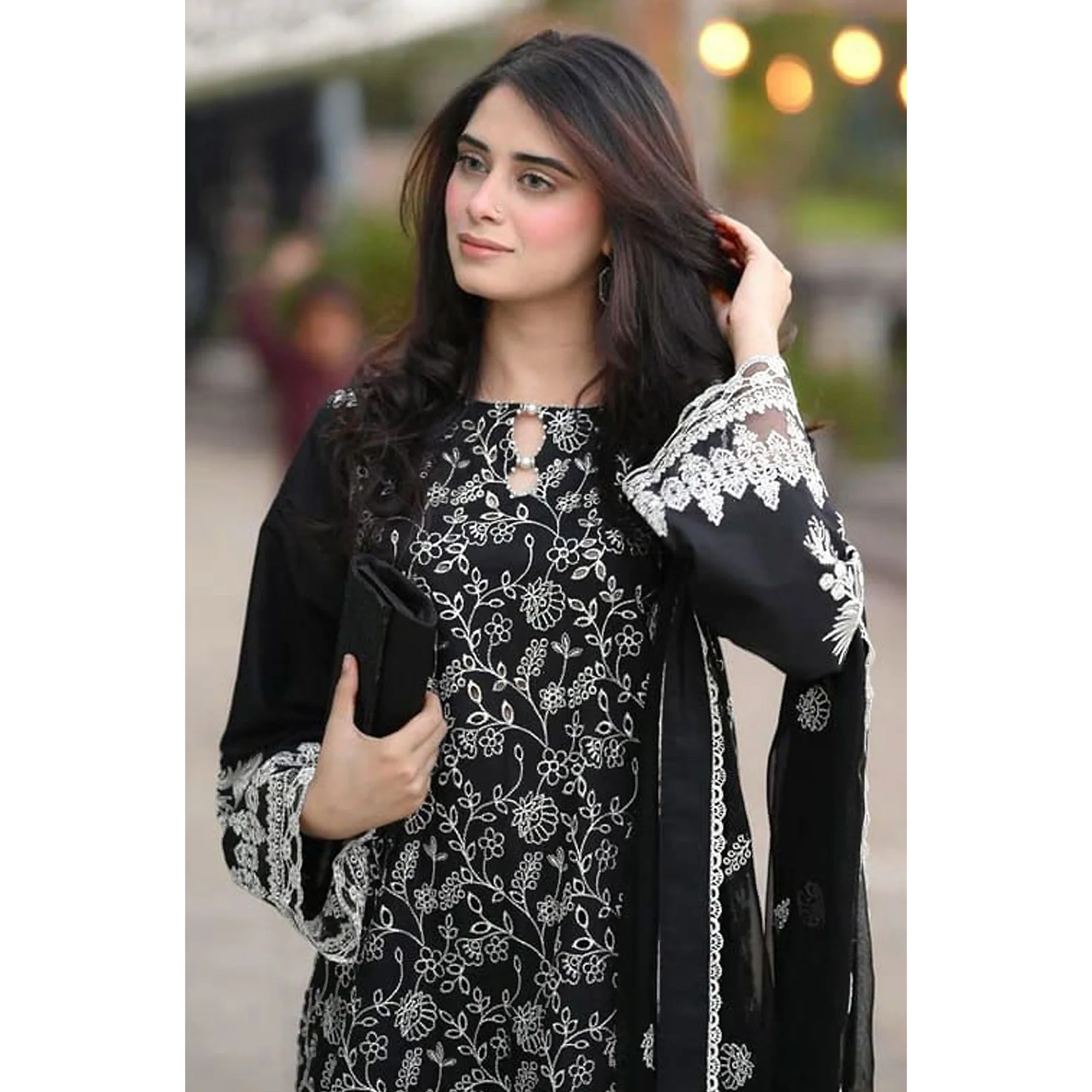 Black Floral Embroiderde Georgette Semi Stitched Pakistani Suit - Image 4