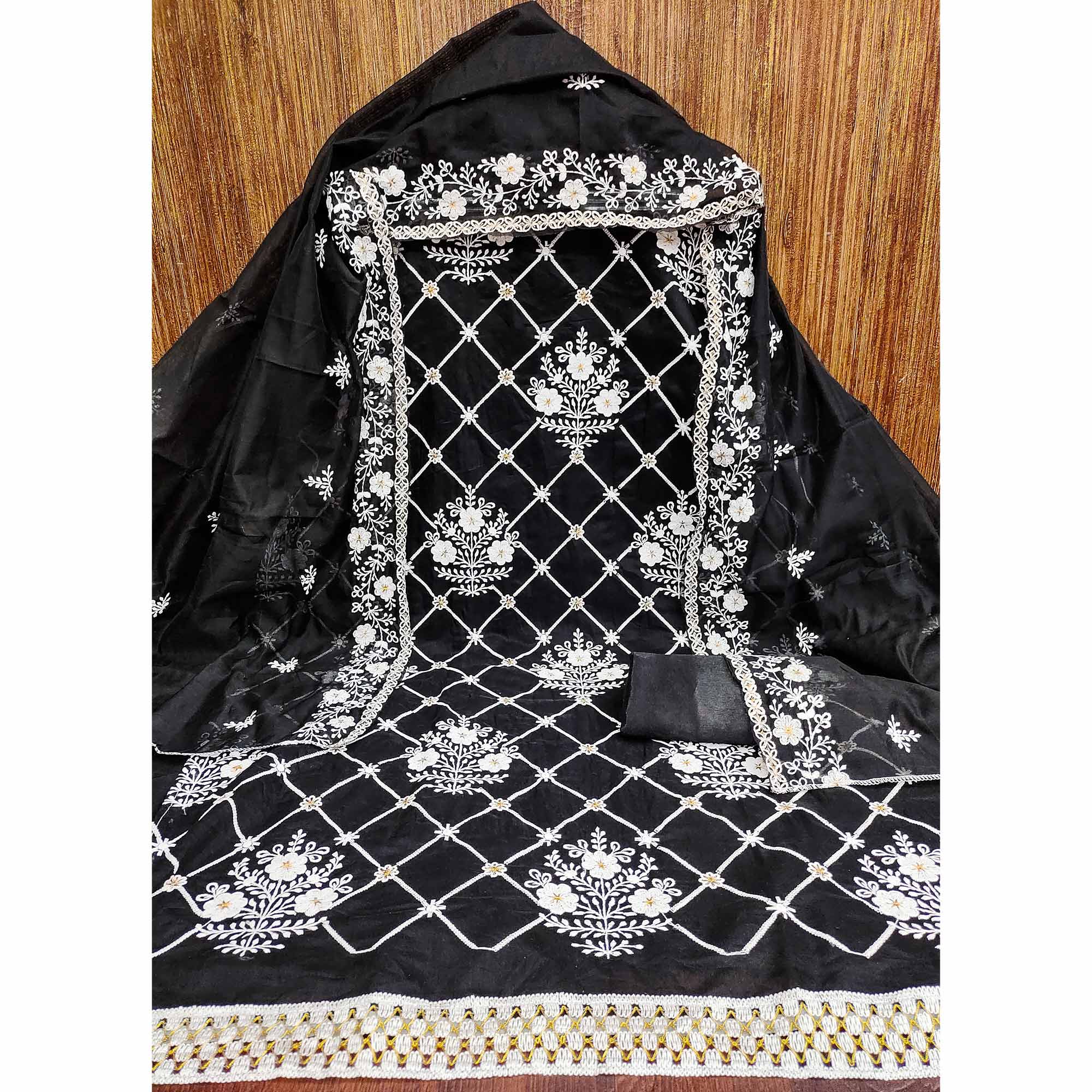 Black Floral Embroidered Chanderi Cotton Dress Material - Image 3
