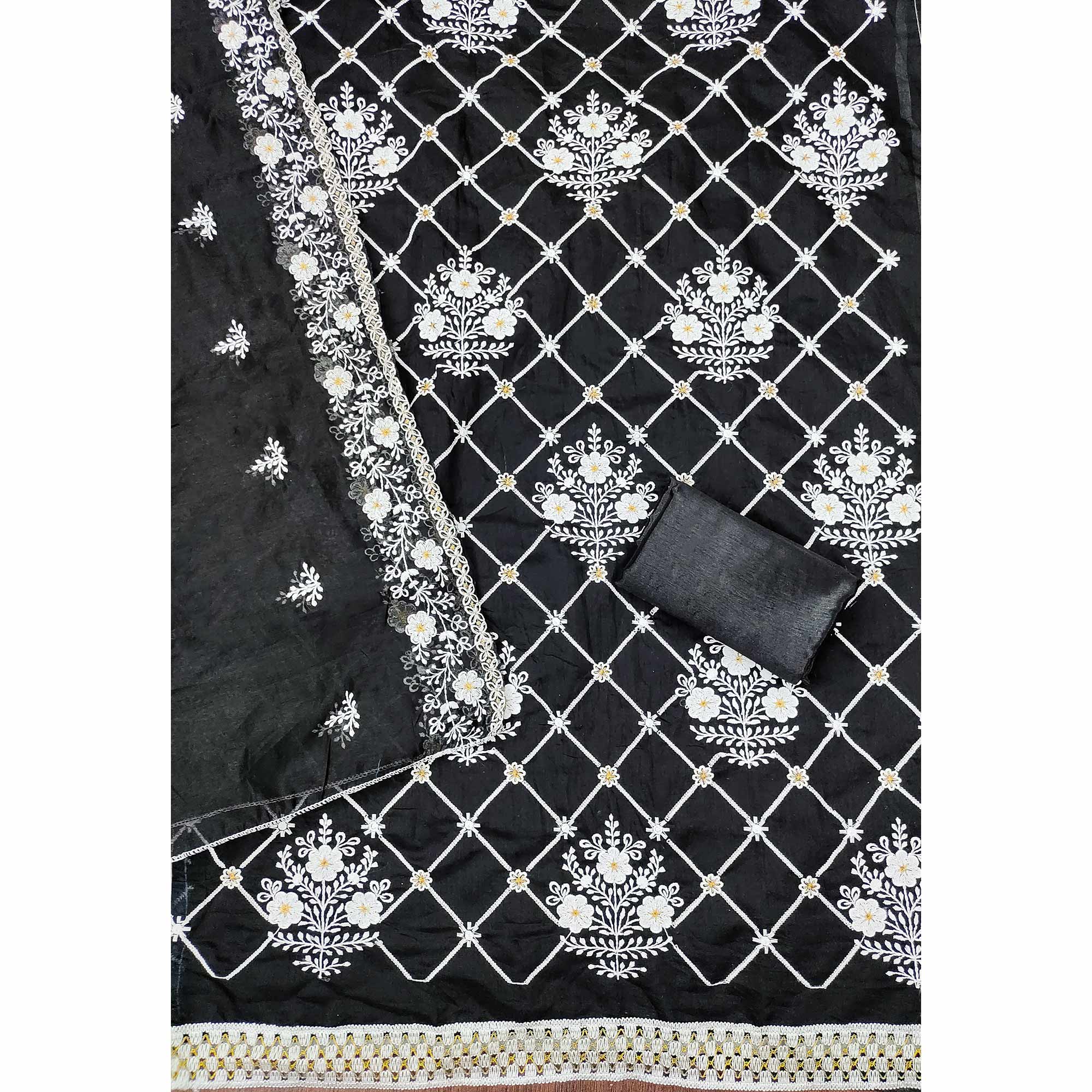 Black Floral Embroidered Chanderi Cotton Dress Material - Image 4