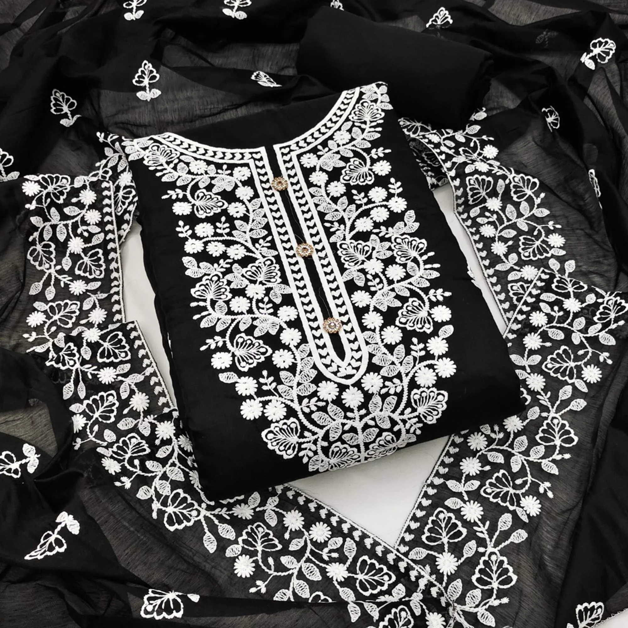 Black Floral Embroidered Chanderi Cotton Dress Material