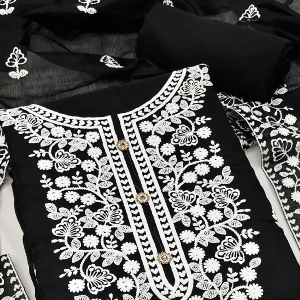 Black Floral Embroidered Chanderi Cotton Dress Material - Image 2