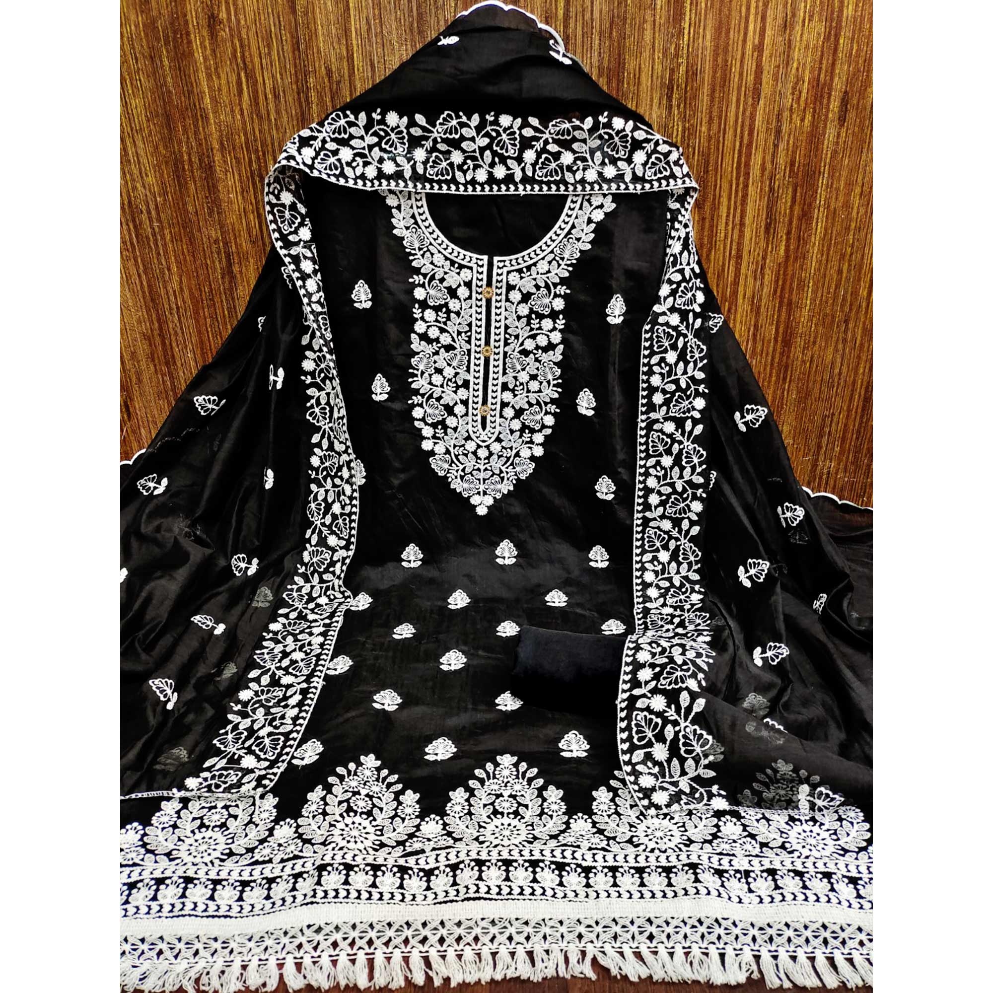 Black Floral Embroidered Chanderi Cotton Dress Material - Image 3