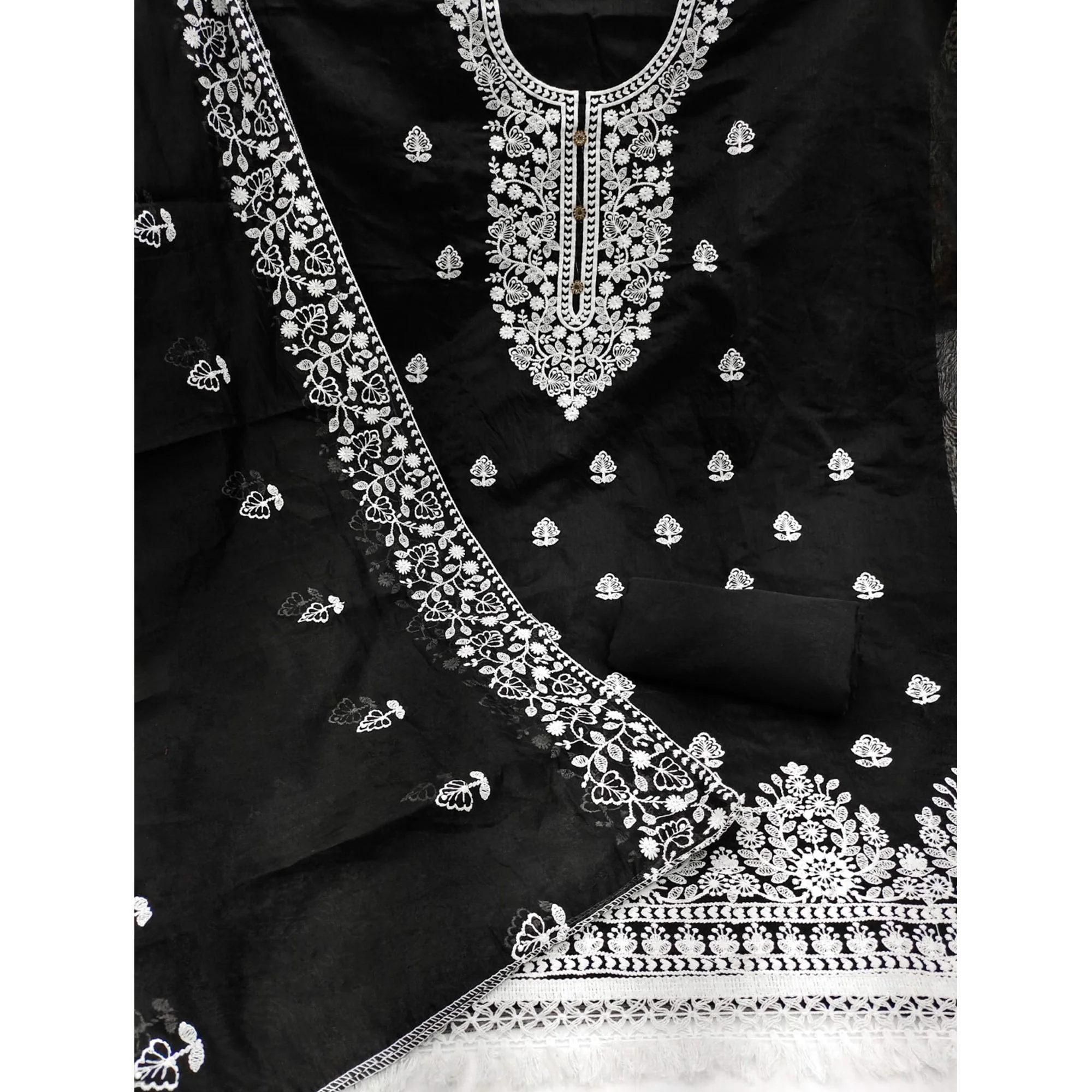 Black Floral Embroidered Chanderi Cotton Dress Material - Image 4