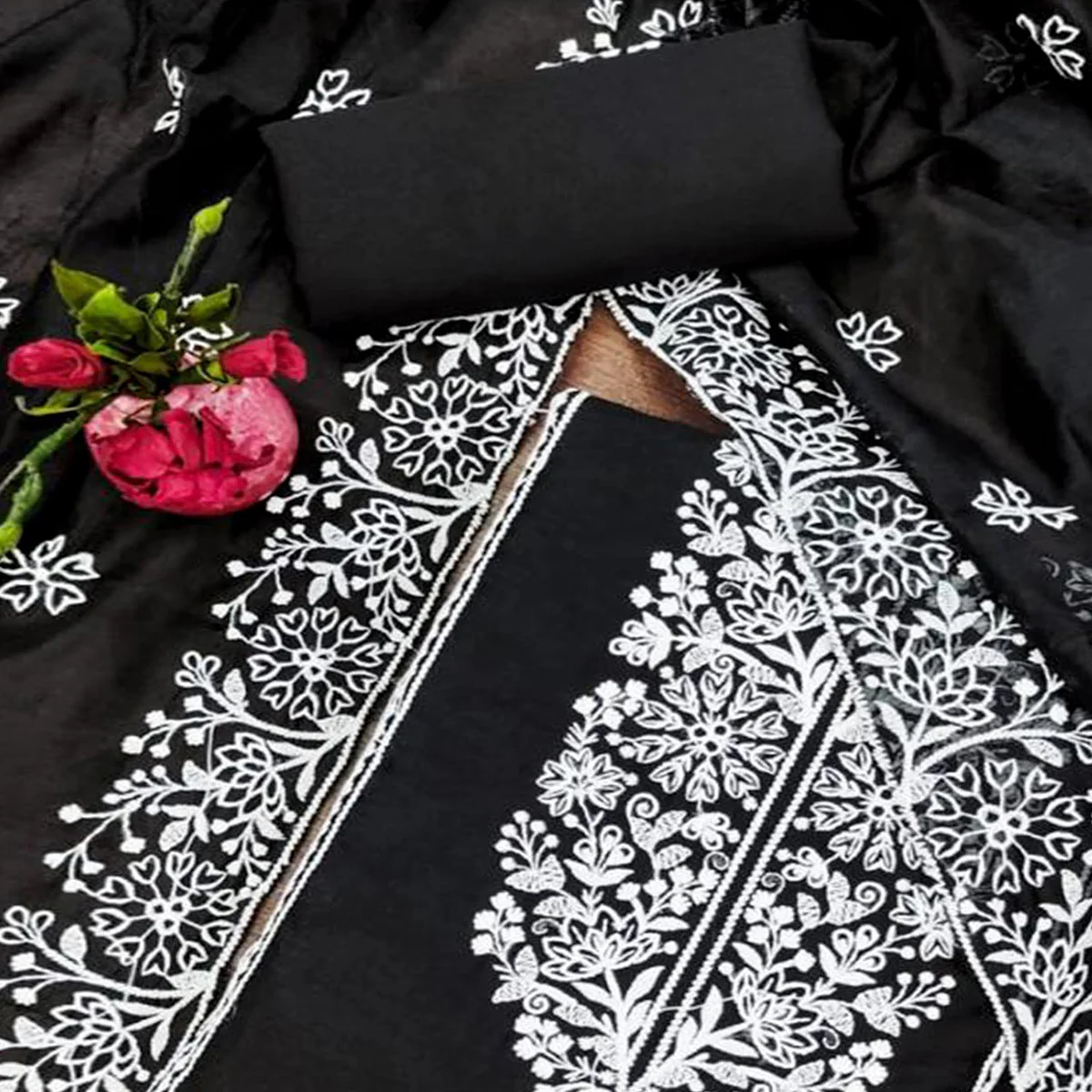 Black Floral Embroidered Chanderi Silk Dress Material - Image 2