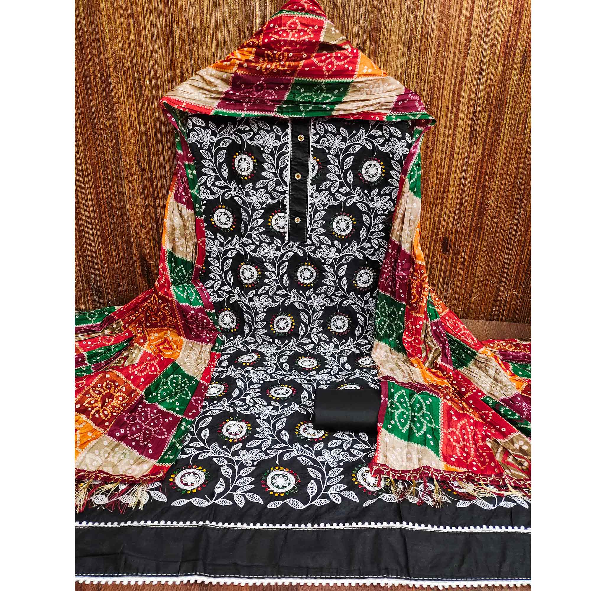 Black Floral Embroidered Cotton Blend Dress Material - Image 3