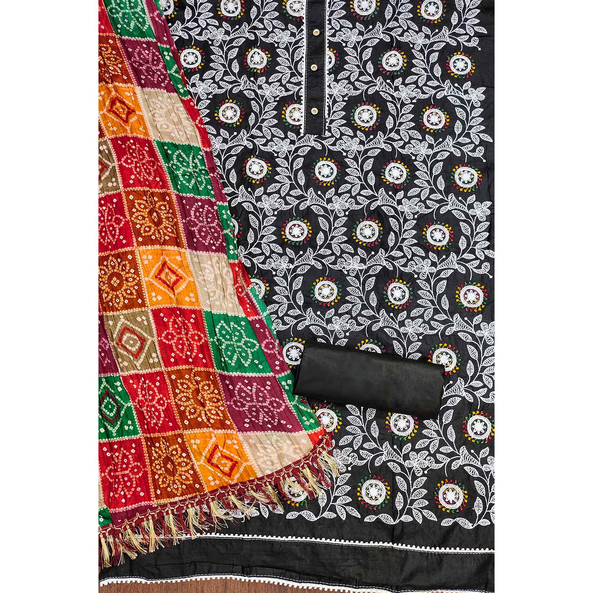 Black Floral Embroidered Cotton Blend Dress Material - Image 4