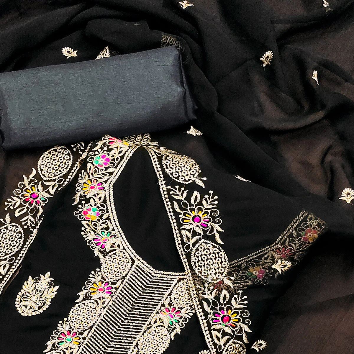 Black Floral Embroidered Georgette Dress Material - Image 2