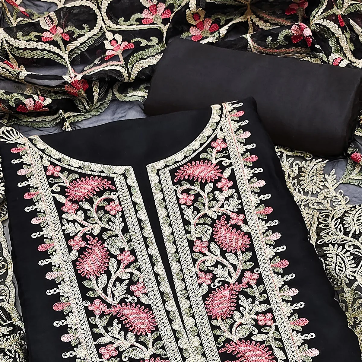 Black Floral Embroidered Georgette Dress Material - Image 2
