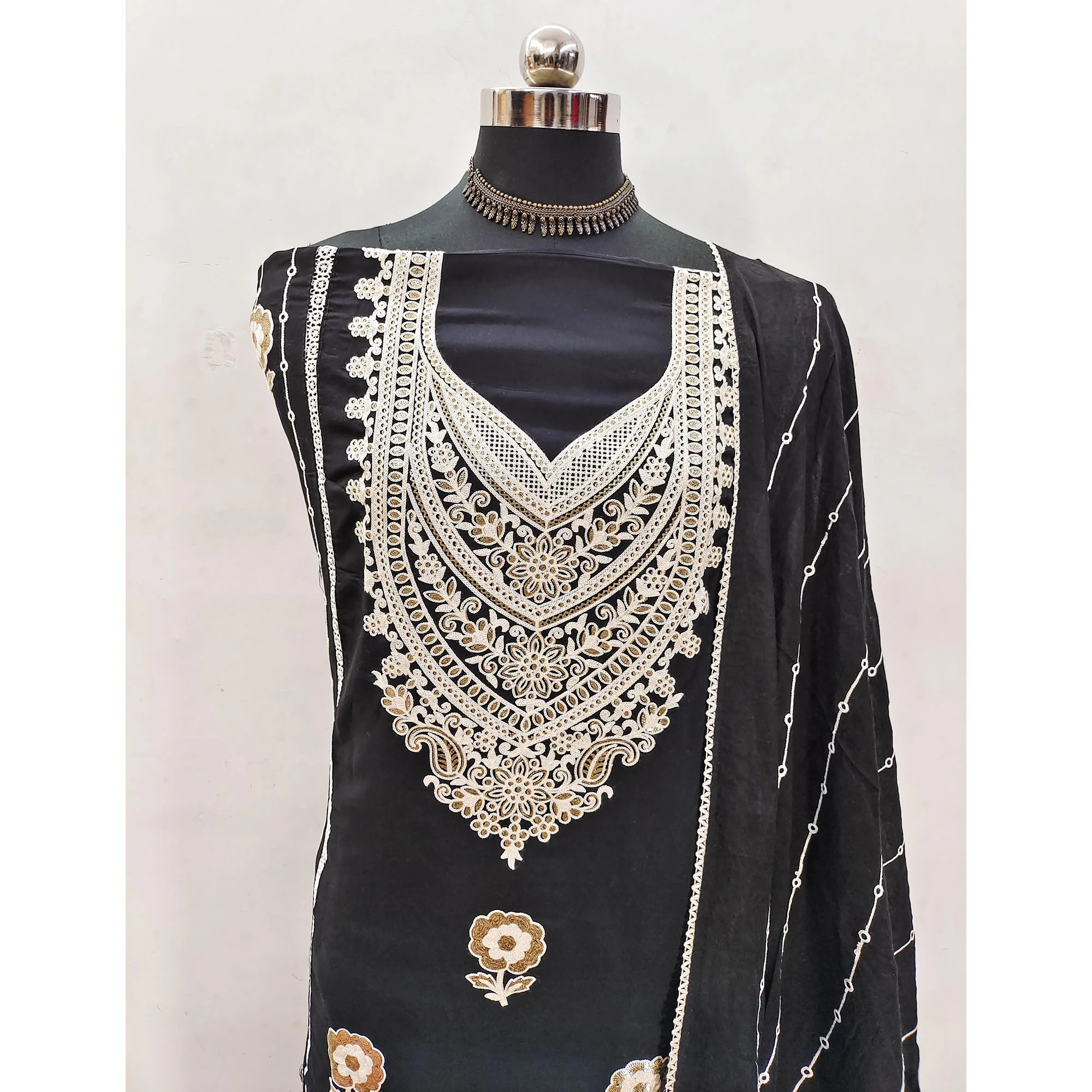 Black Floral Embroidered Georgette Dress Material - Image 4