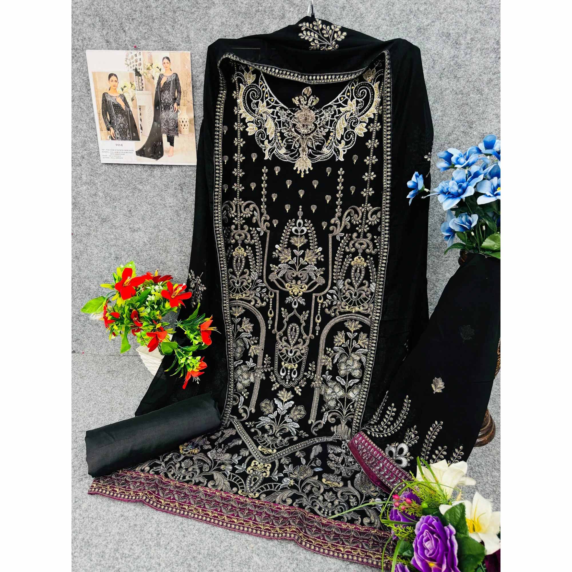 Black Floral Embroidered Georgette Dress Material - Image 4
