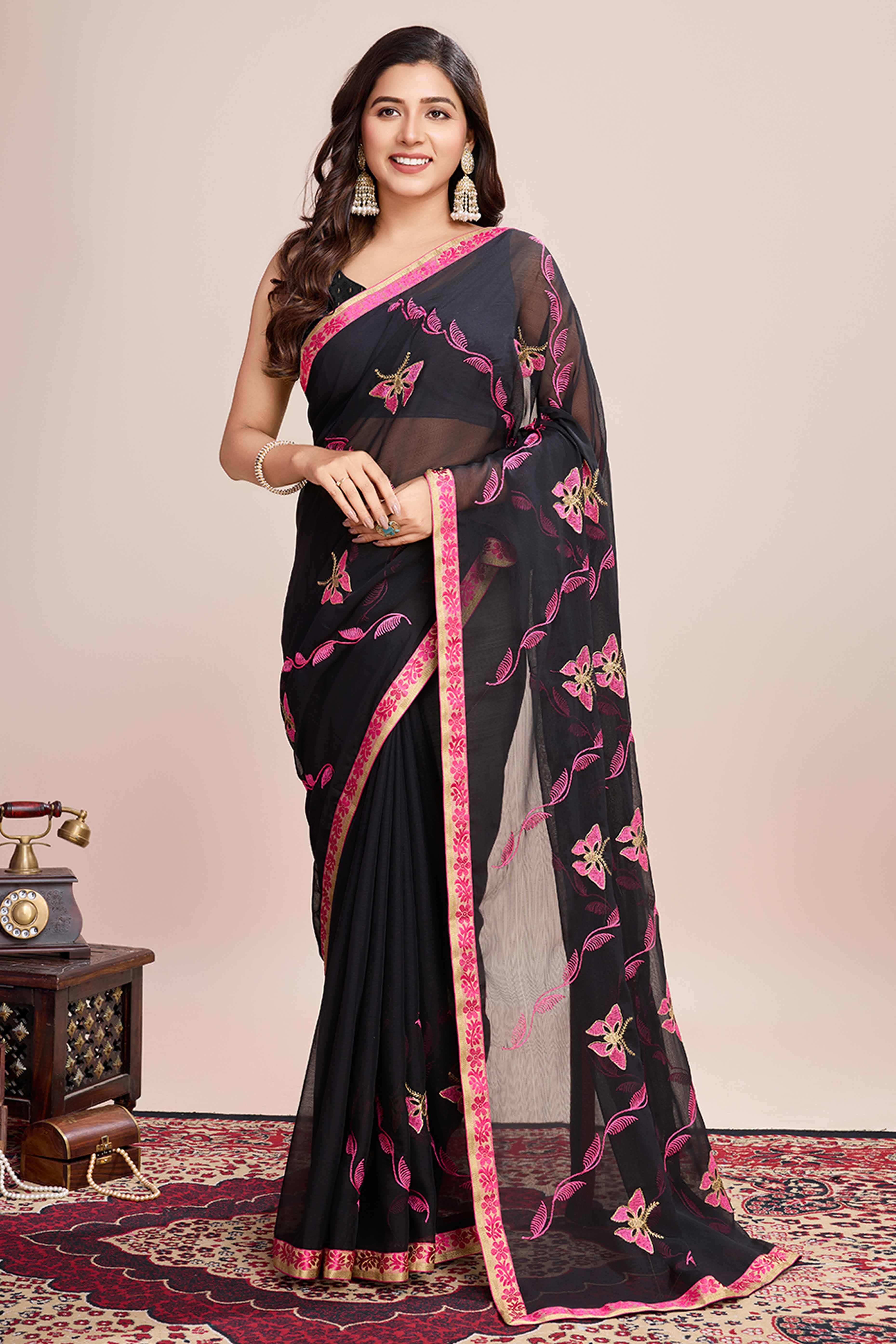 Black Floral Embroidered Georgette Saree - Image 3