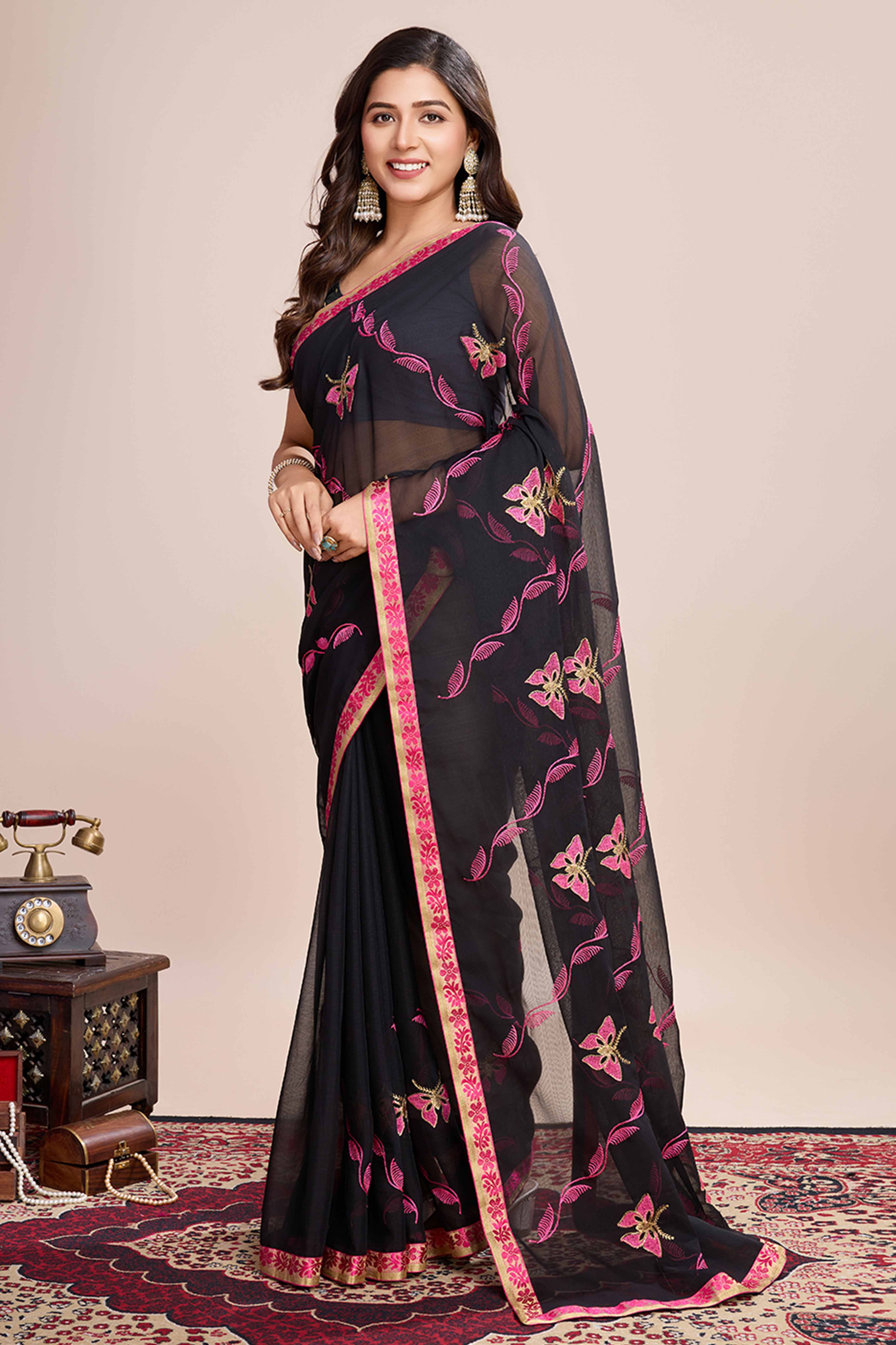Black Floral Embroidered Georgette Saree - Image 4