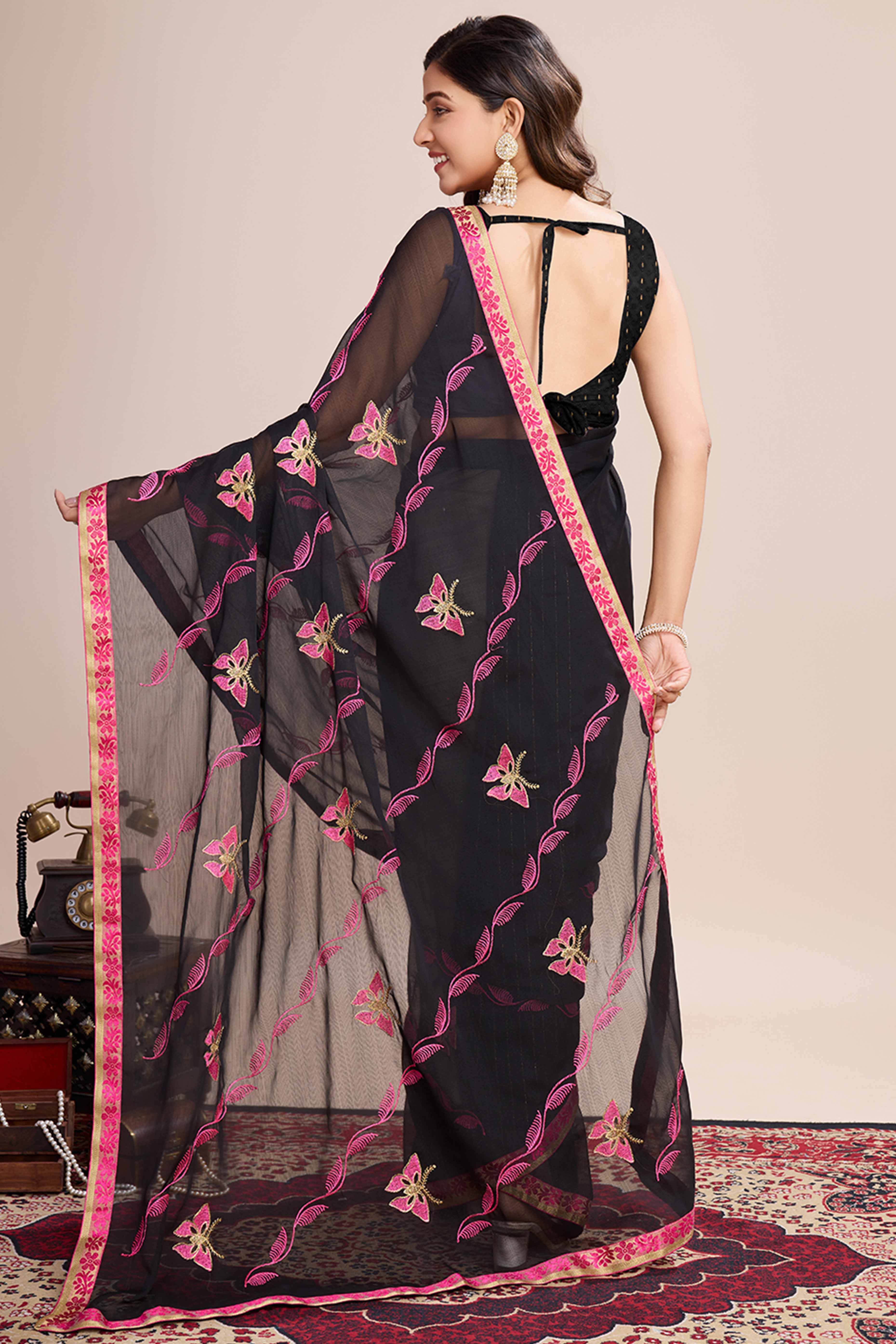 Black Floral Embroidered Georgette Saree - Image 5
