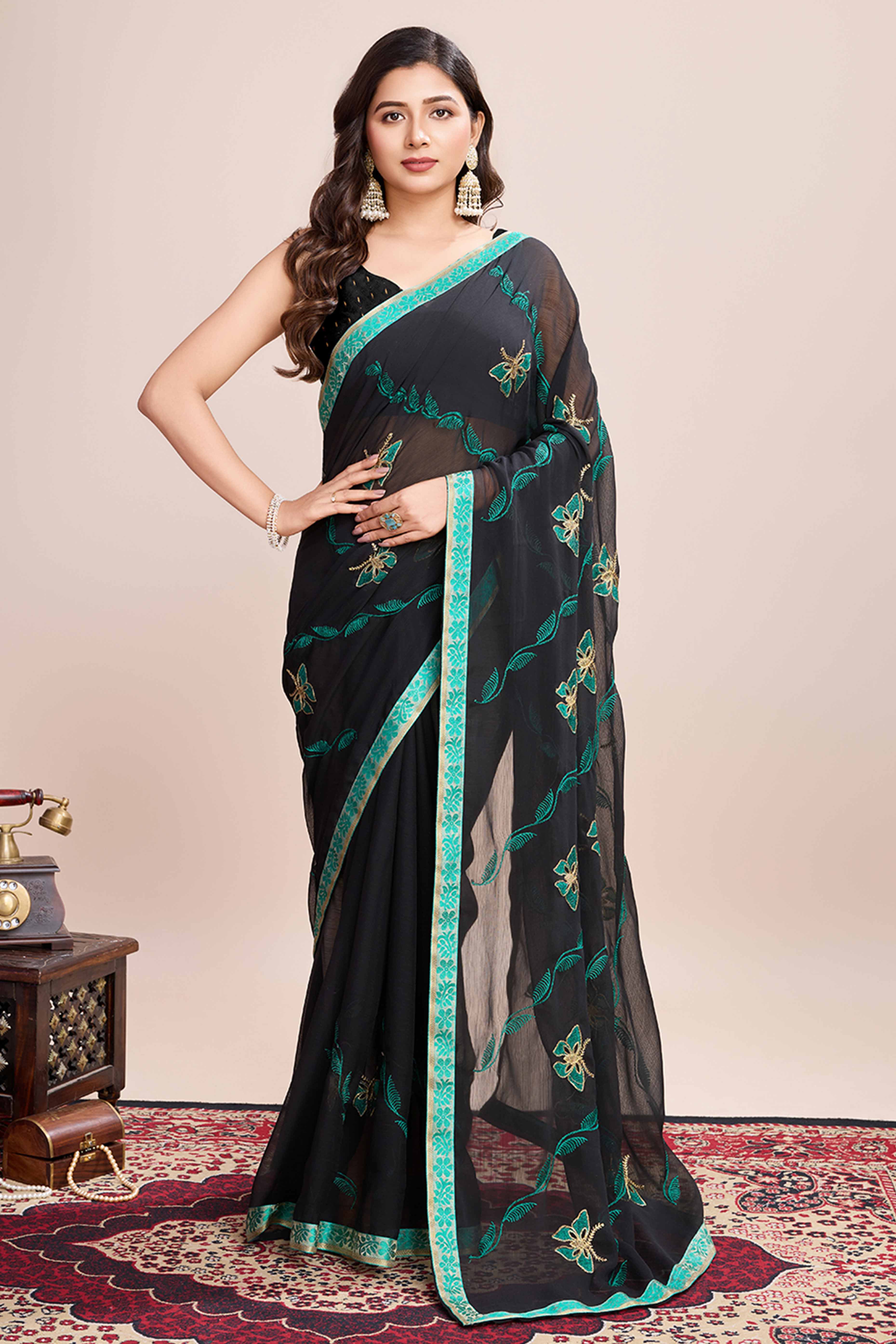 Black Floral Embroidered Georgette Saree - Image 3