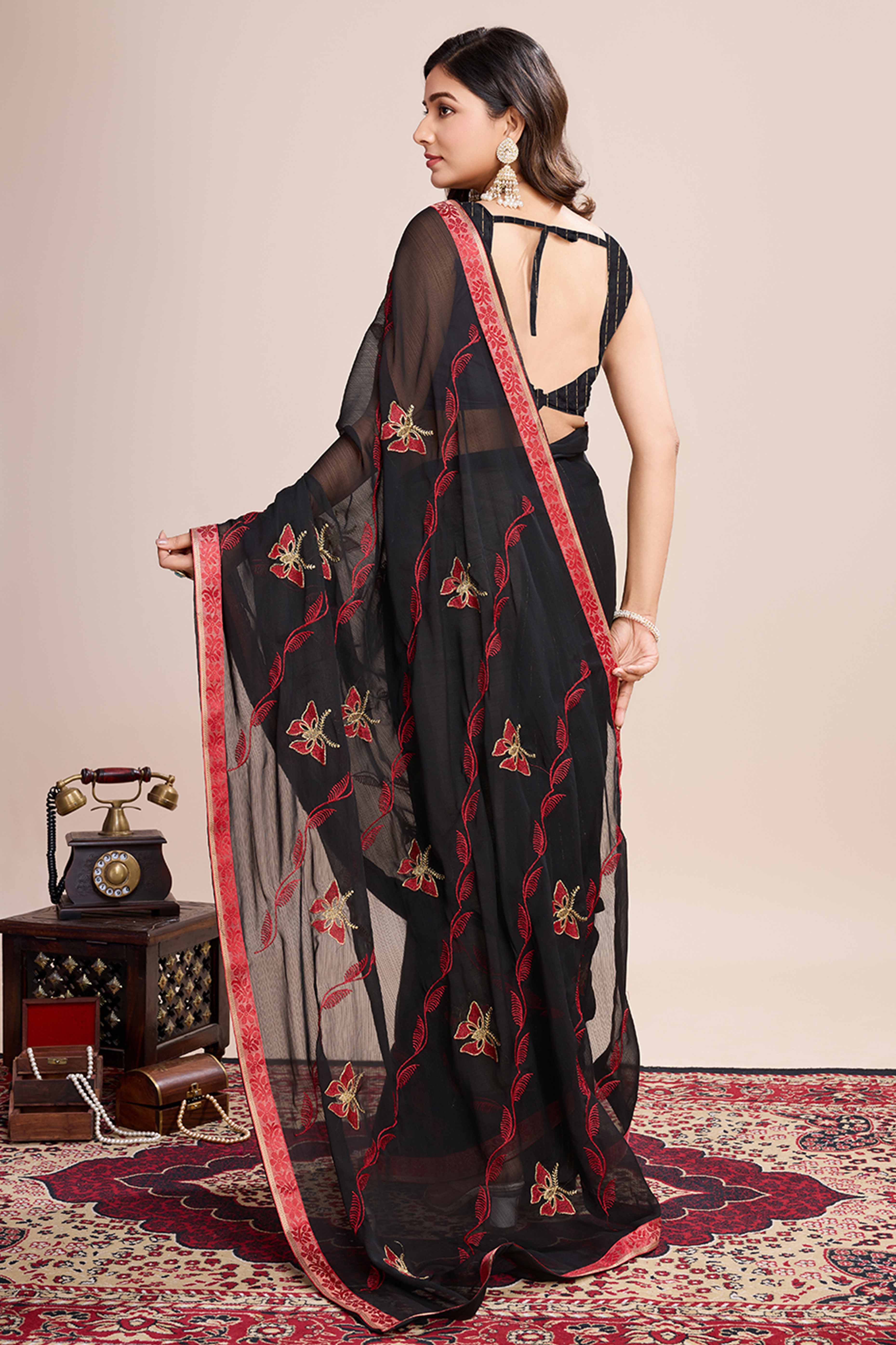 Black Floral Embroidered Georgette Saree - Image 5