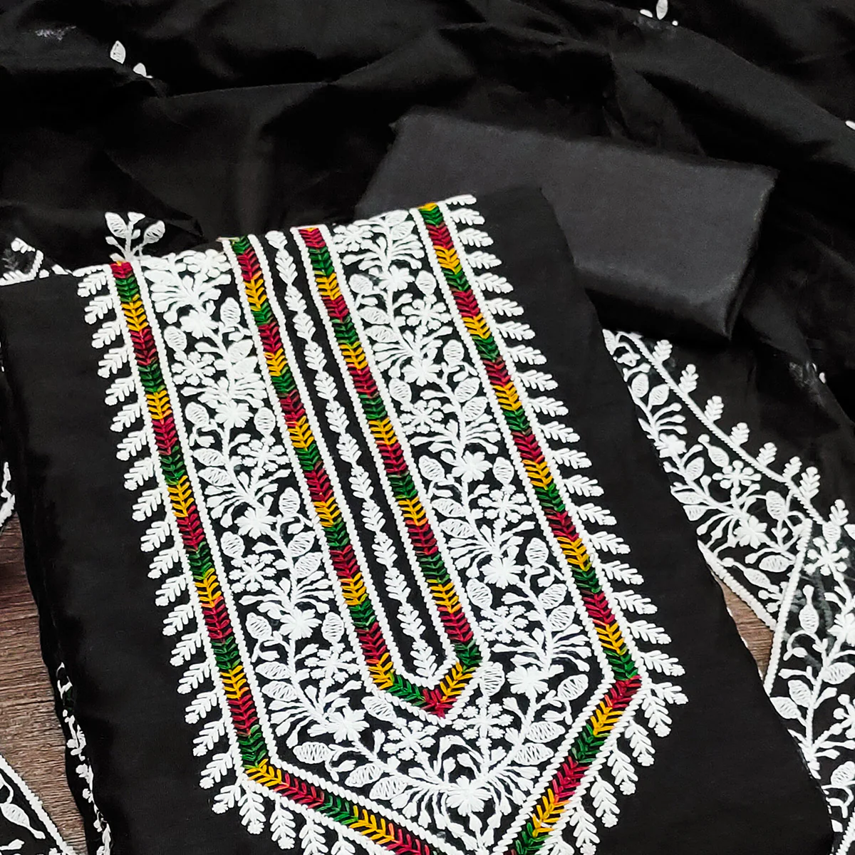 Black Floral Embroidered Modal Chanderi Silk Dress Material - Image 2