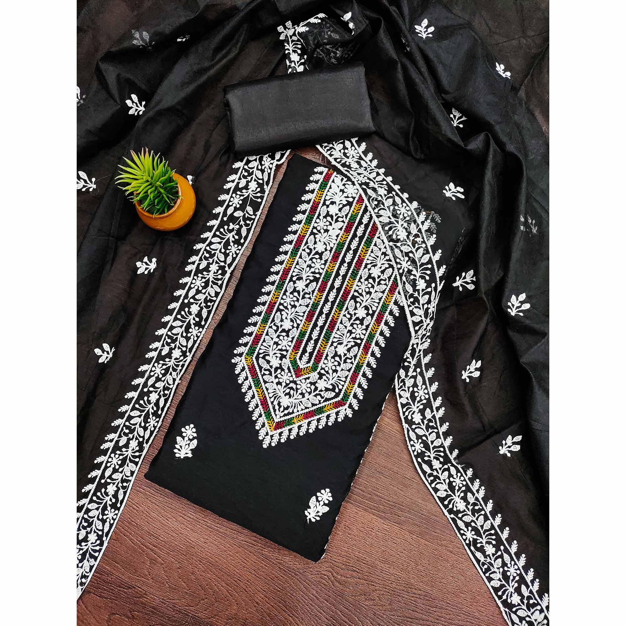 Black Floral Embroidered Modal Chanderi Silk Dress Material - Image 3