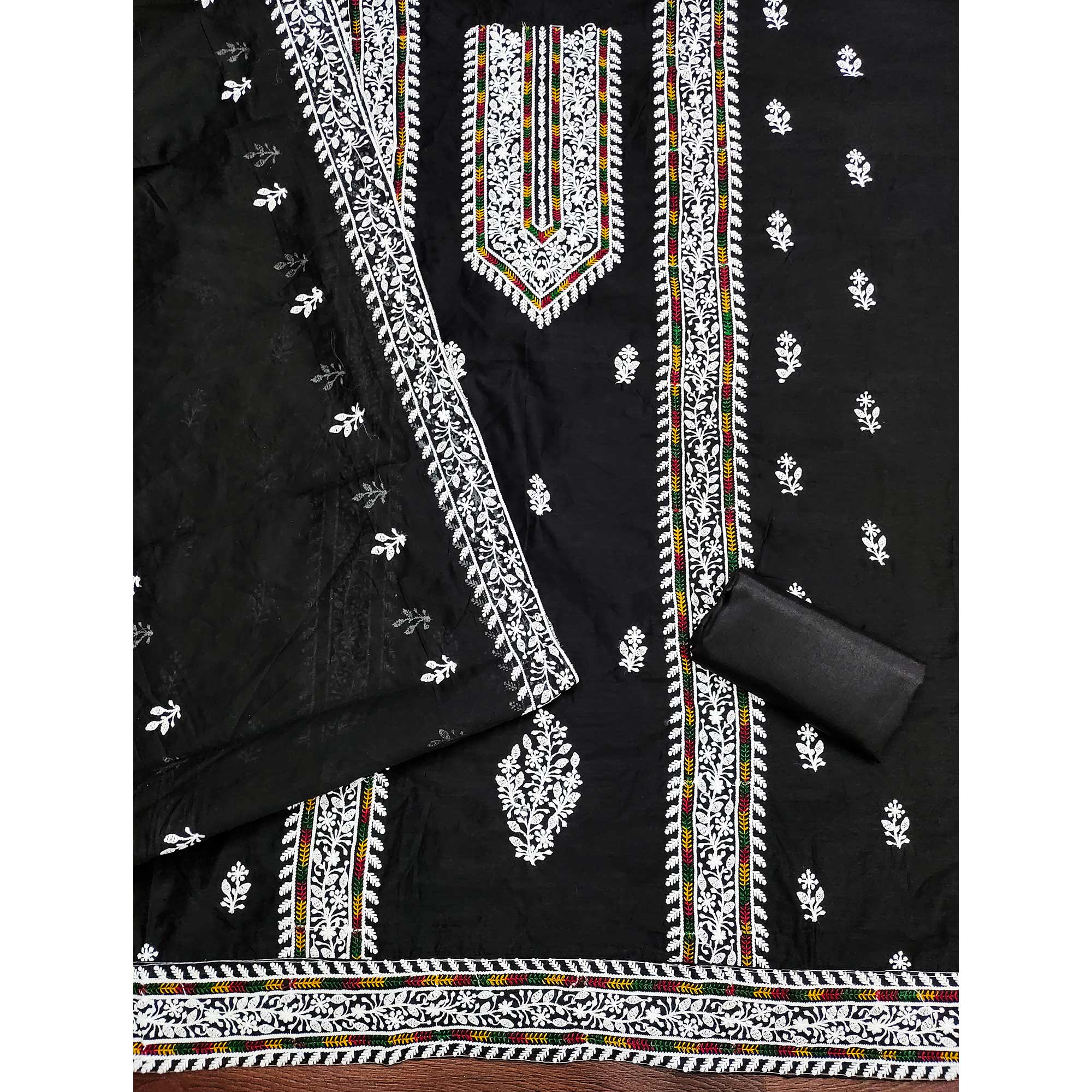 Black Floral Embroidered Modal Chanderi Silk Dress Material - Image 4