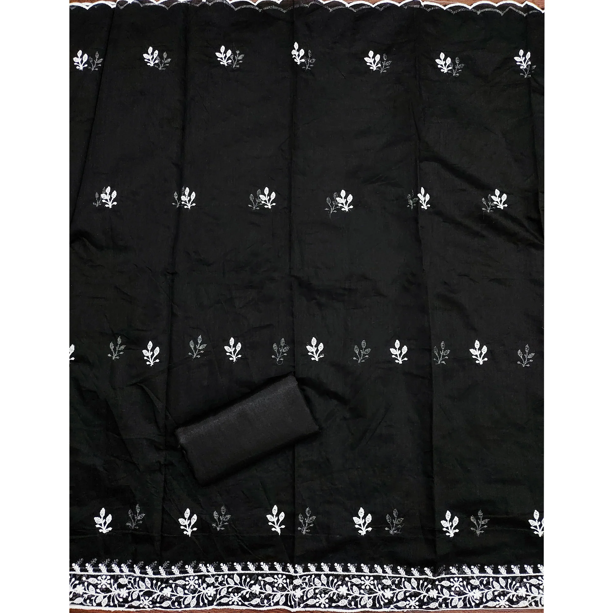 Black Floral Embroidered Modal Chanderi Silk Dress Material - Image 5