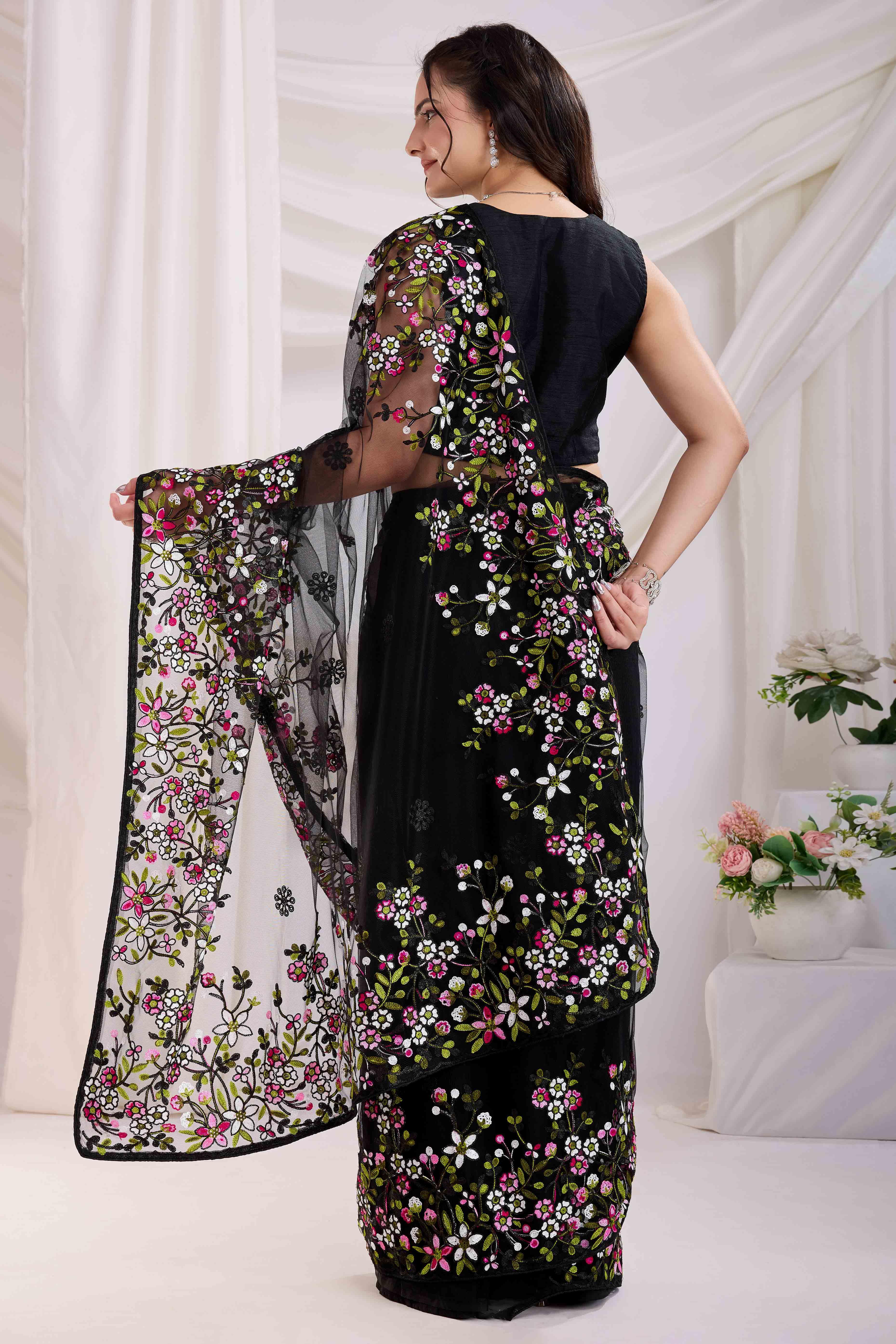 Black Floral Embroidered Net Saree - Image 5