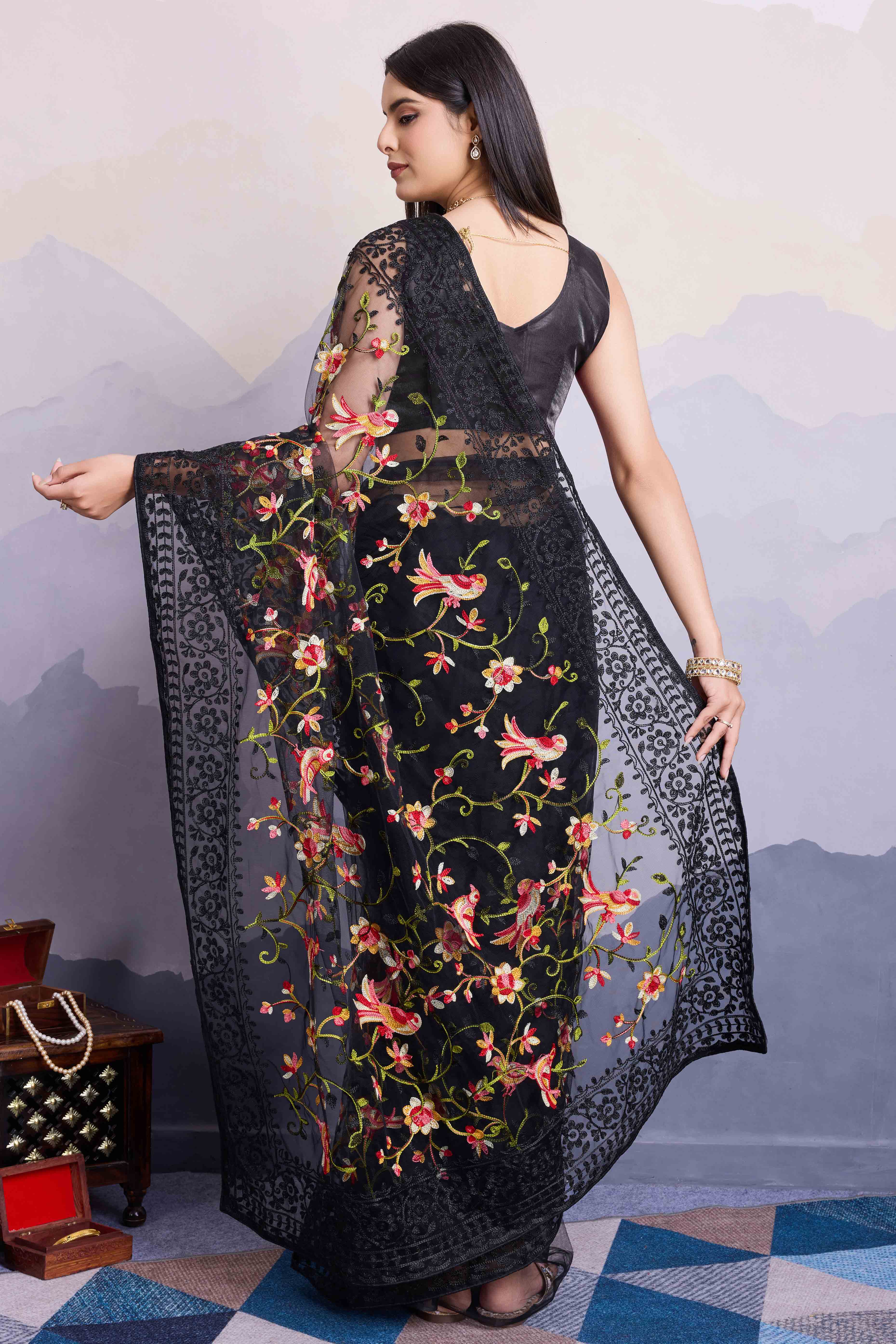 Black Floral Embroidered Net Saree - Image 3