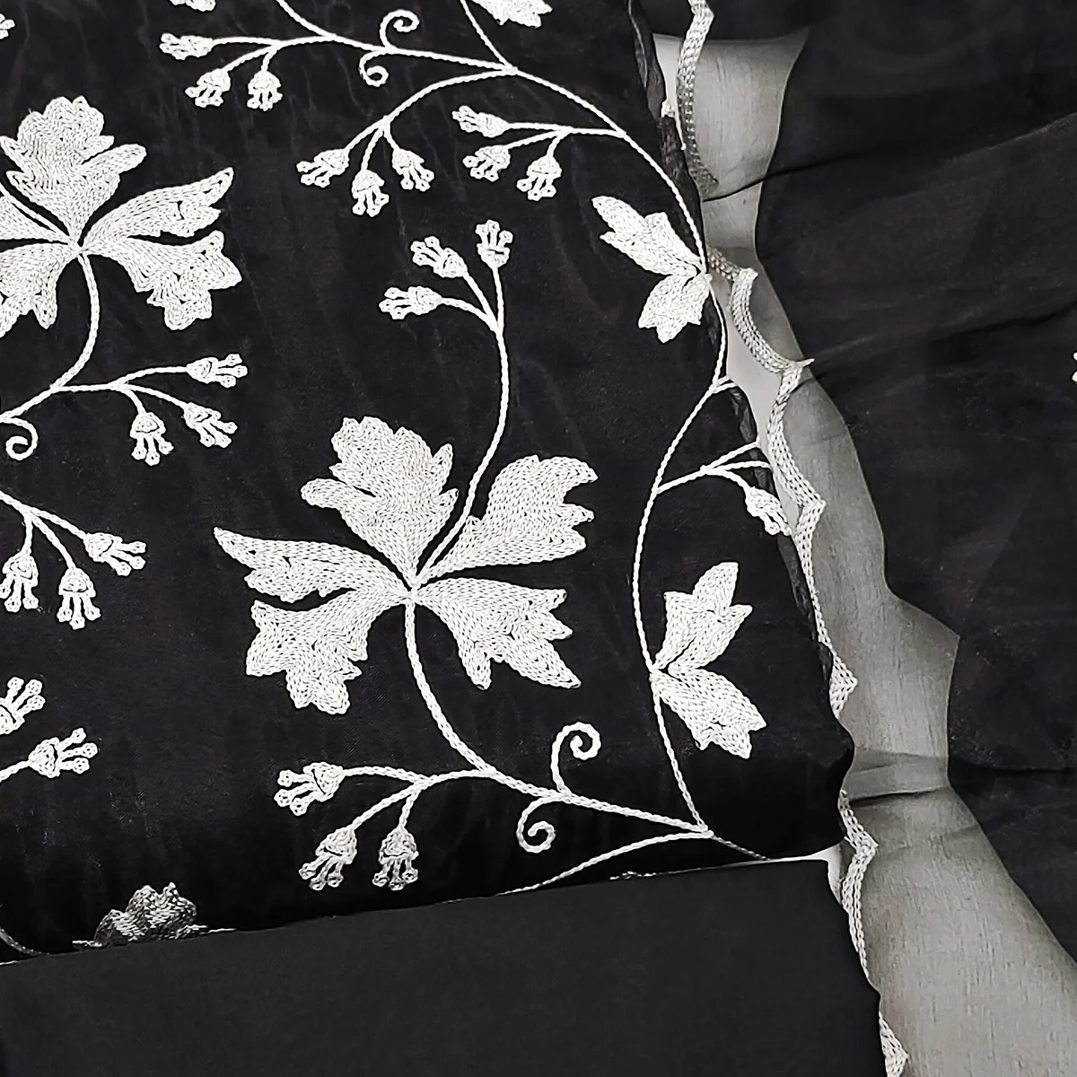 Black Floral Embroidered Organza Dress Material - Image 2