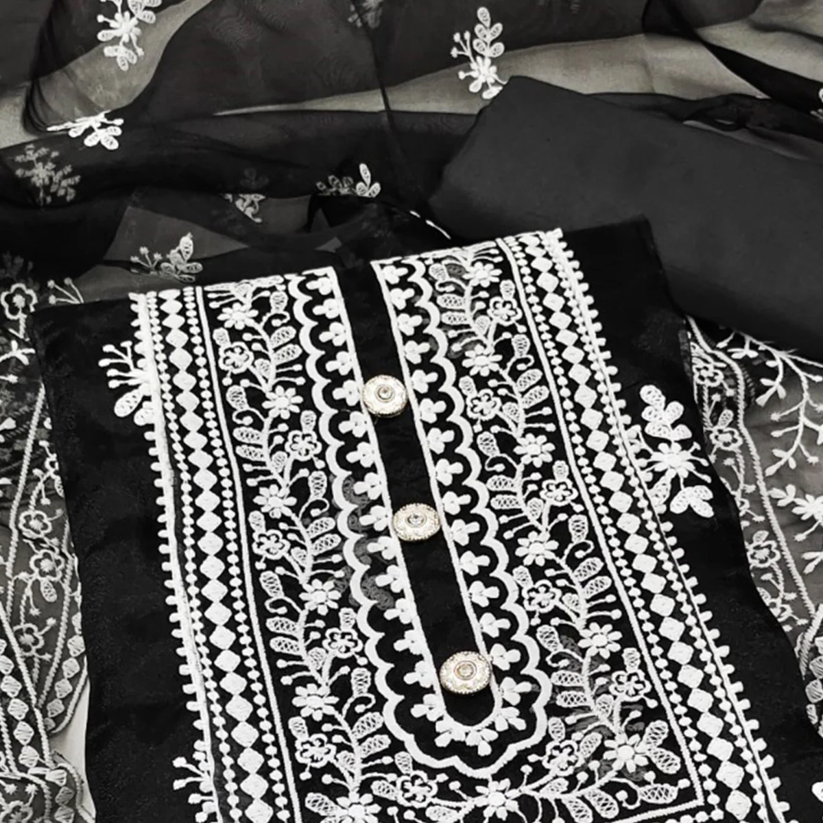 Black Floral Embroidered Organza Dress Material - Image 2