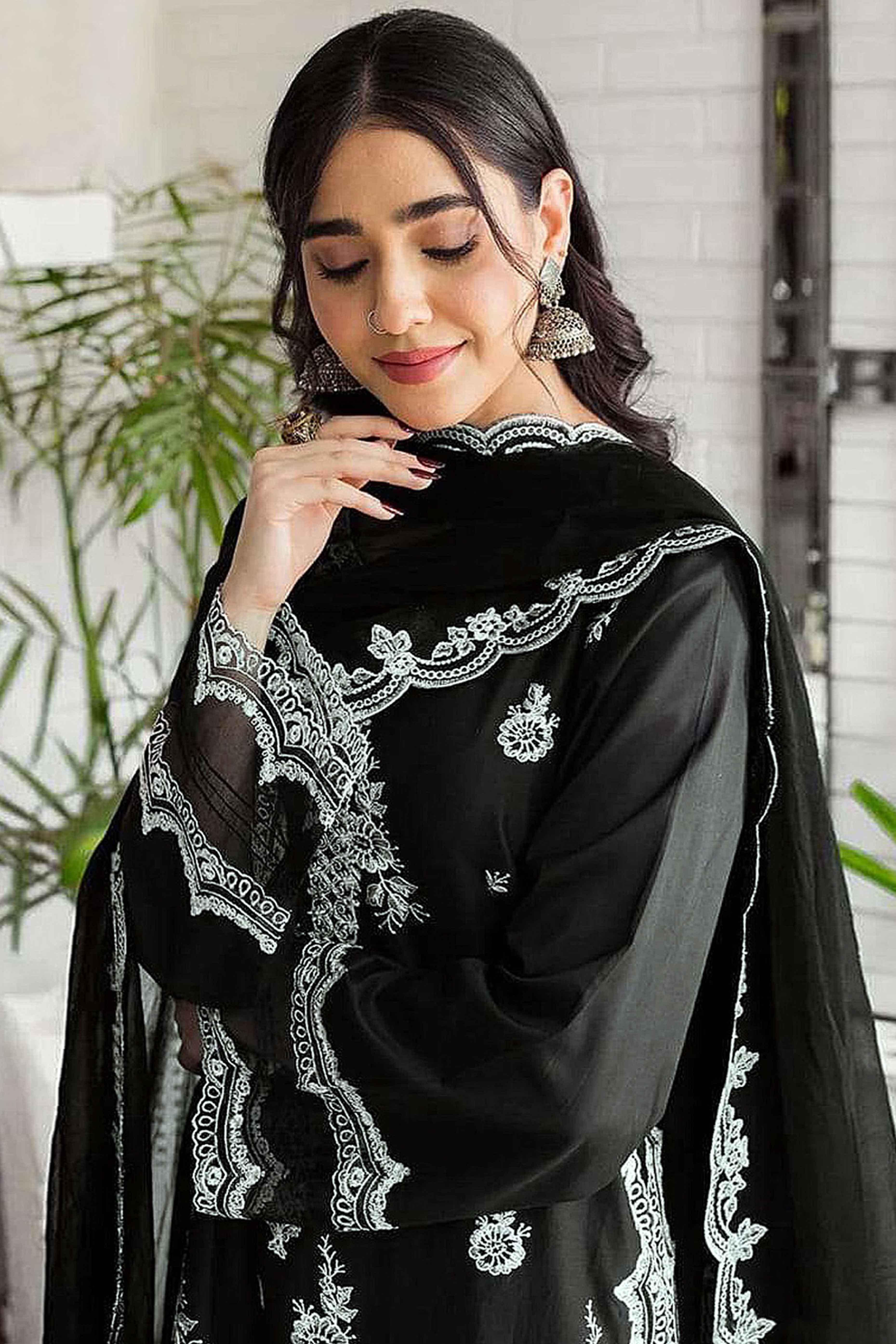 Black Floral Embroidery Georgette Semi Stitched Pakistani Suit - Image 3