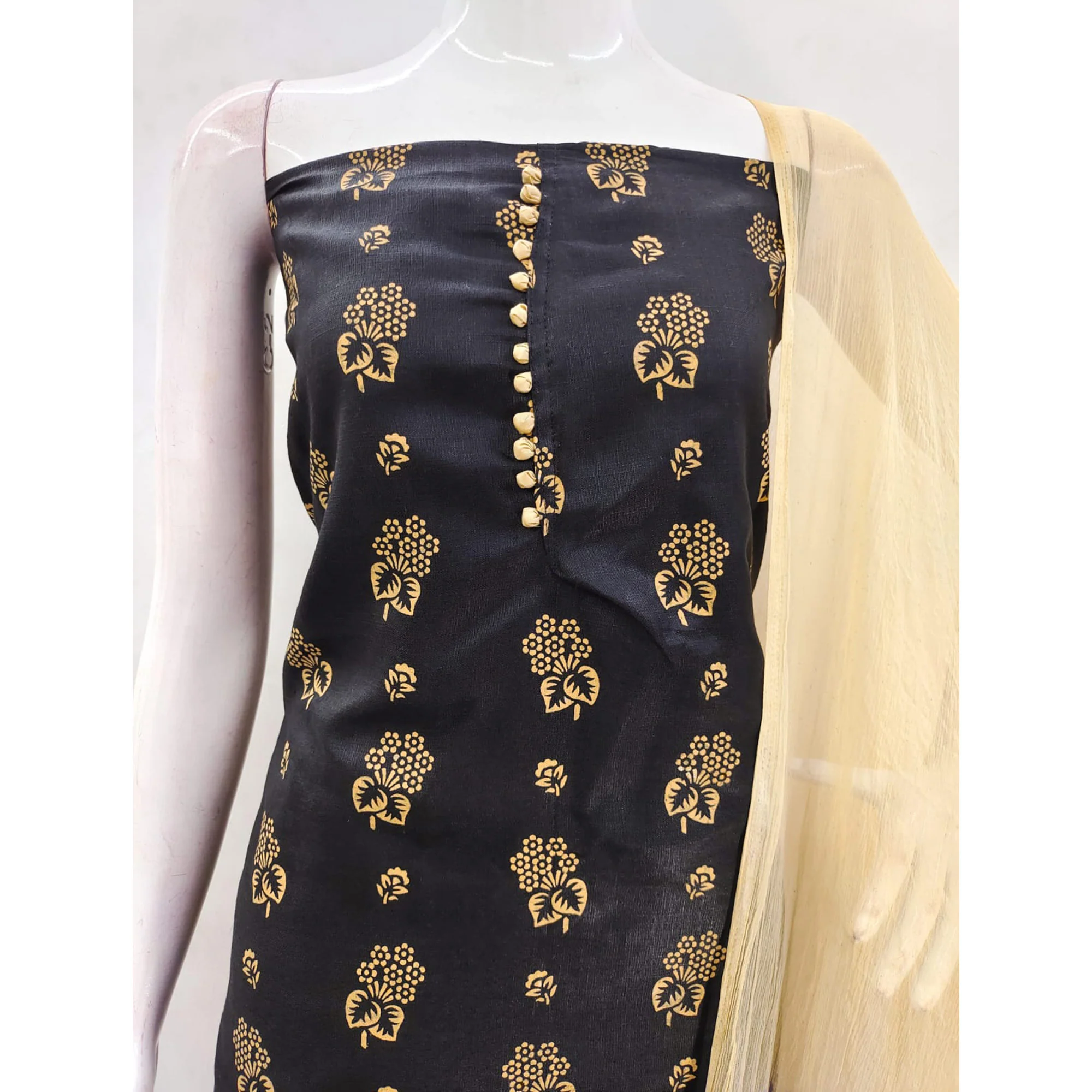 Black Floral Foil Printed Cotton Blend Dress Material - Image 6